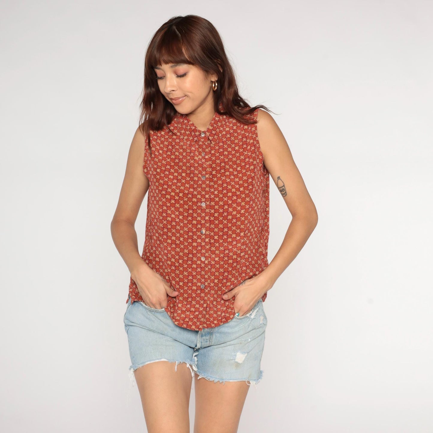 90s Rust Orange Daisy Print Silk Sleeveless Blouse Button-Up Collar Medium