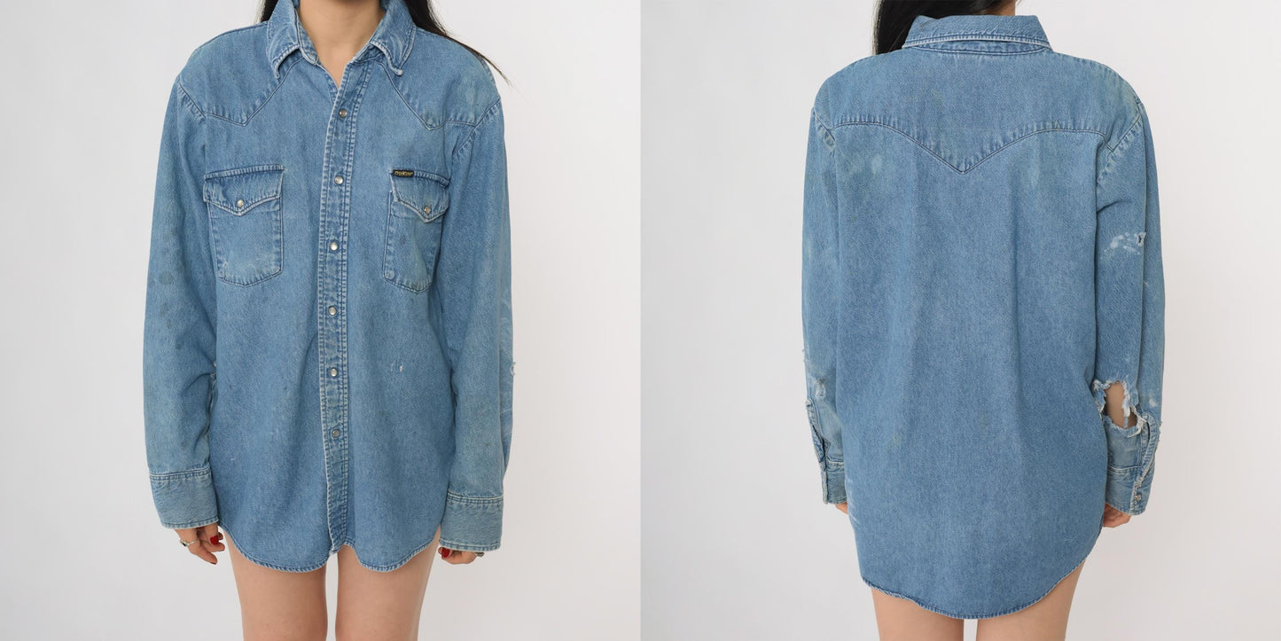 90s Osh Kosh Light Blue Denim Shirt Snap Button Western Medium