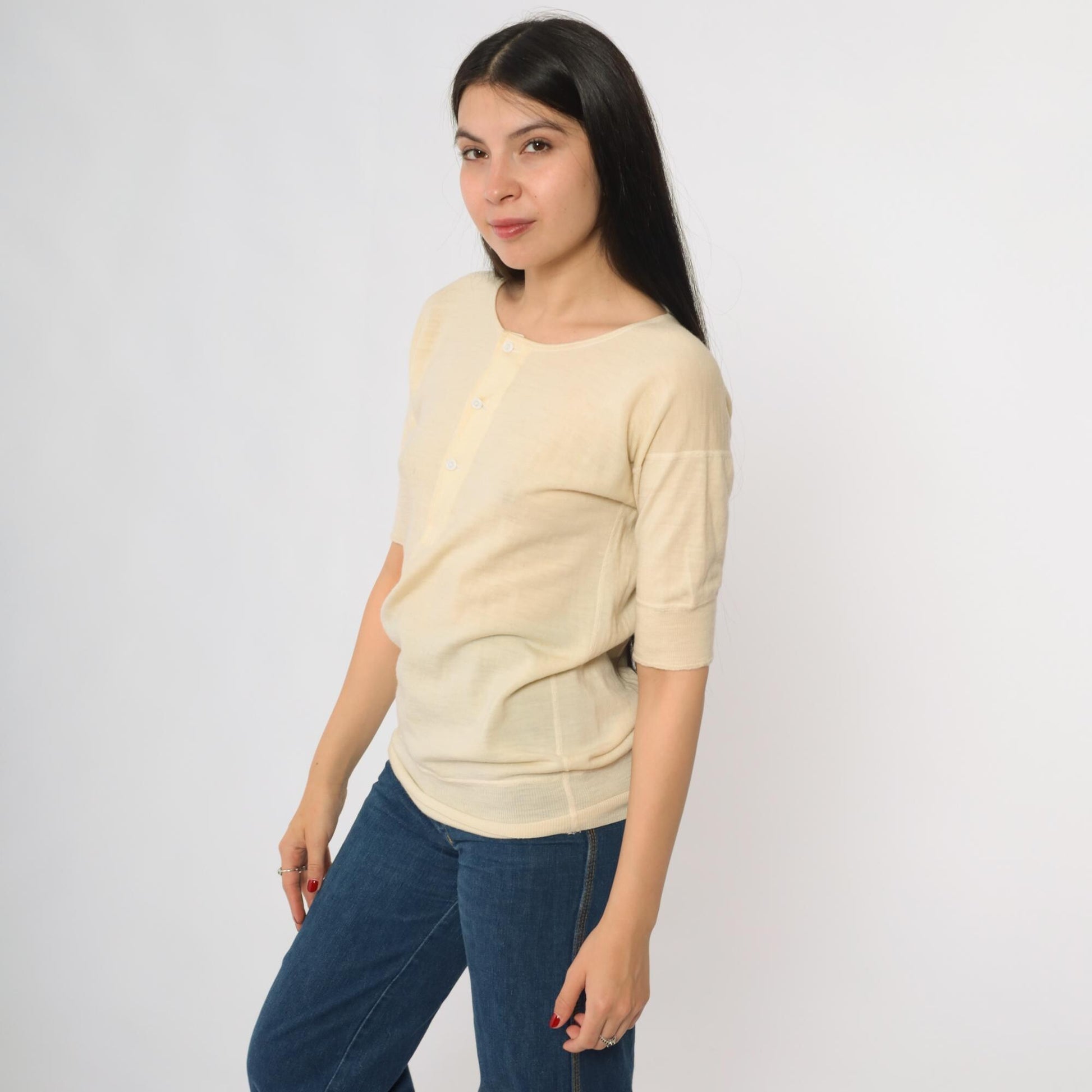 1940s Shepherd Cream Wool Cardigan Three Quarter Sleeve Button Front Small