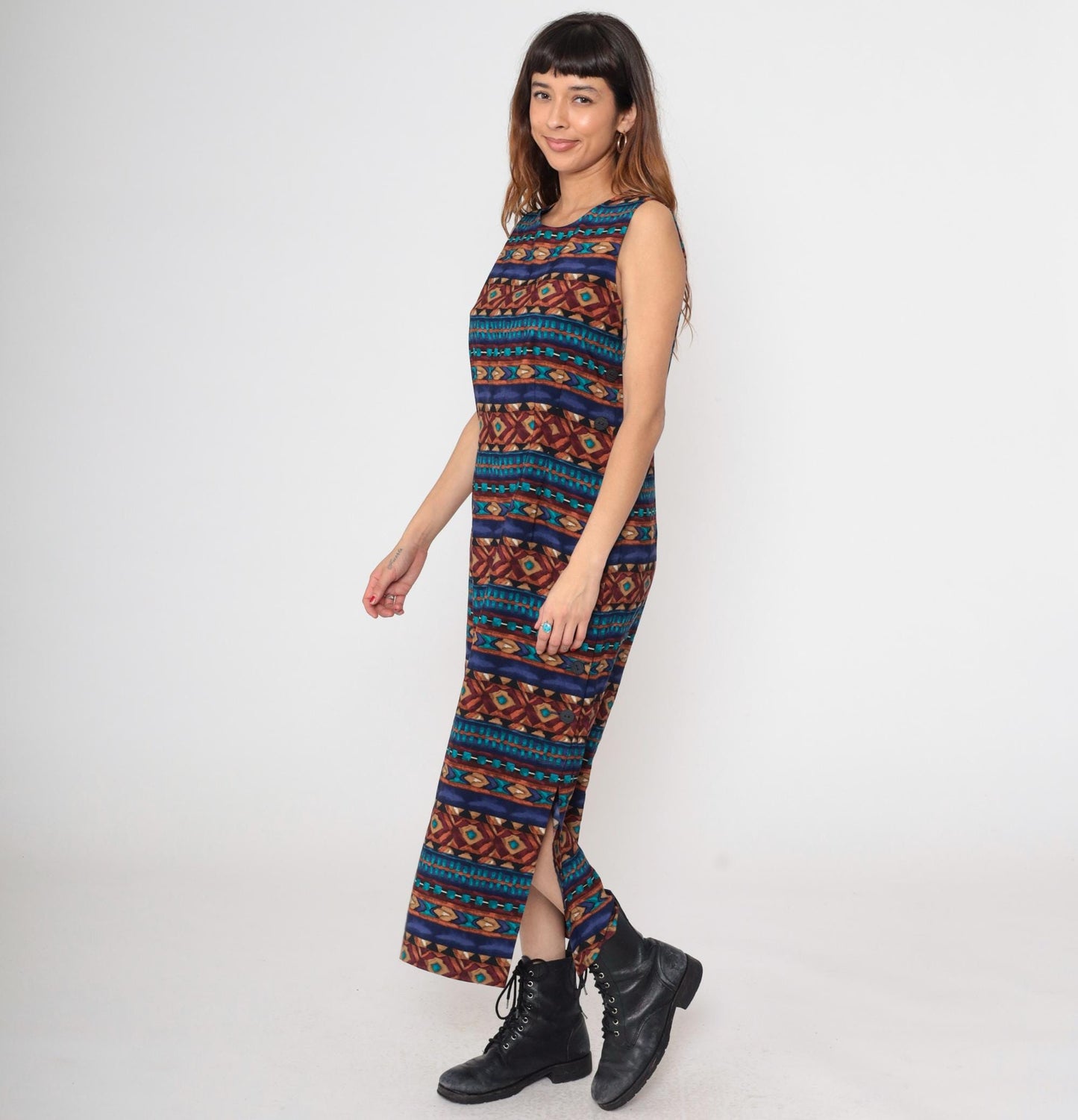 90s J Stevens Southwestern Geometric Maxi Dress Navy Sleeveless Medium M
