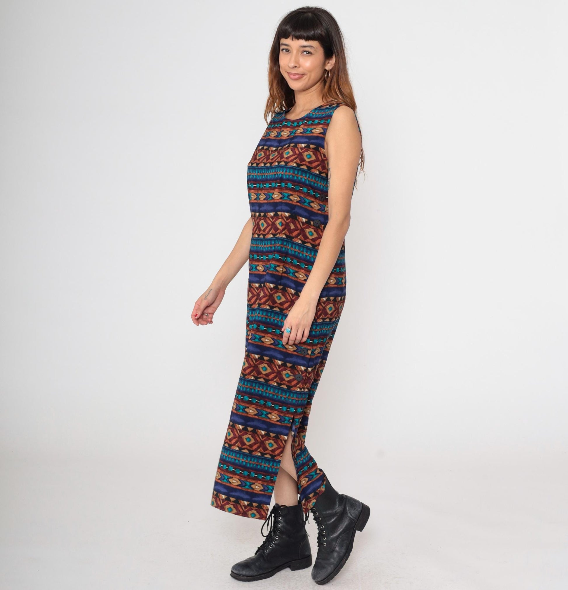 90s J Stevens Southwestern Geometric Maxi Dress Navy Sleeveless Medium M