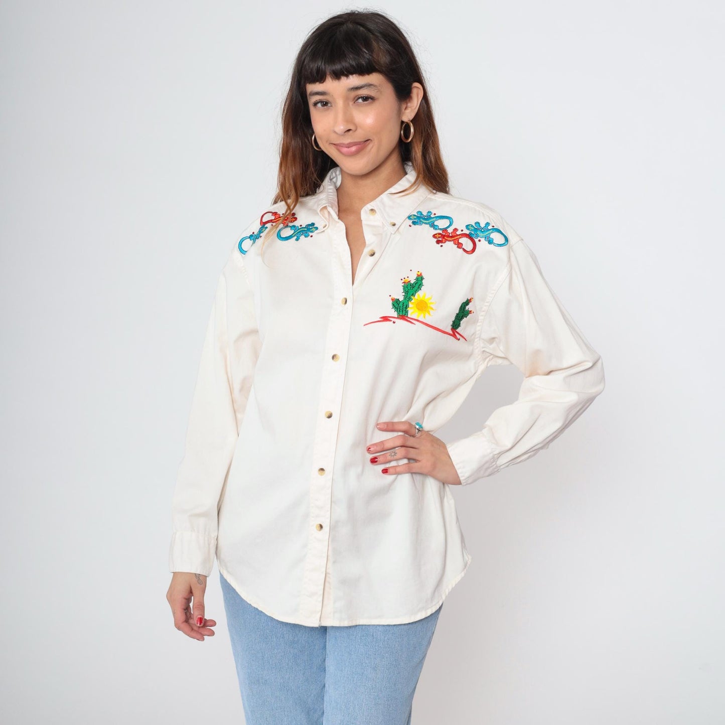 90s Pro Elite Cactus Gecko Embroidered Western Shirt White Cotton Large L
