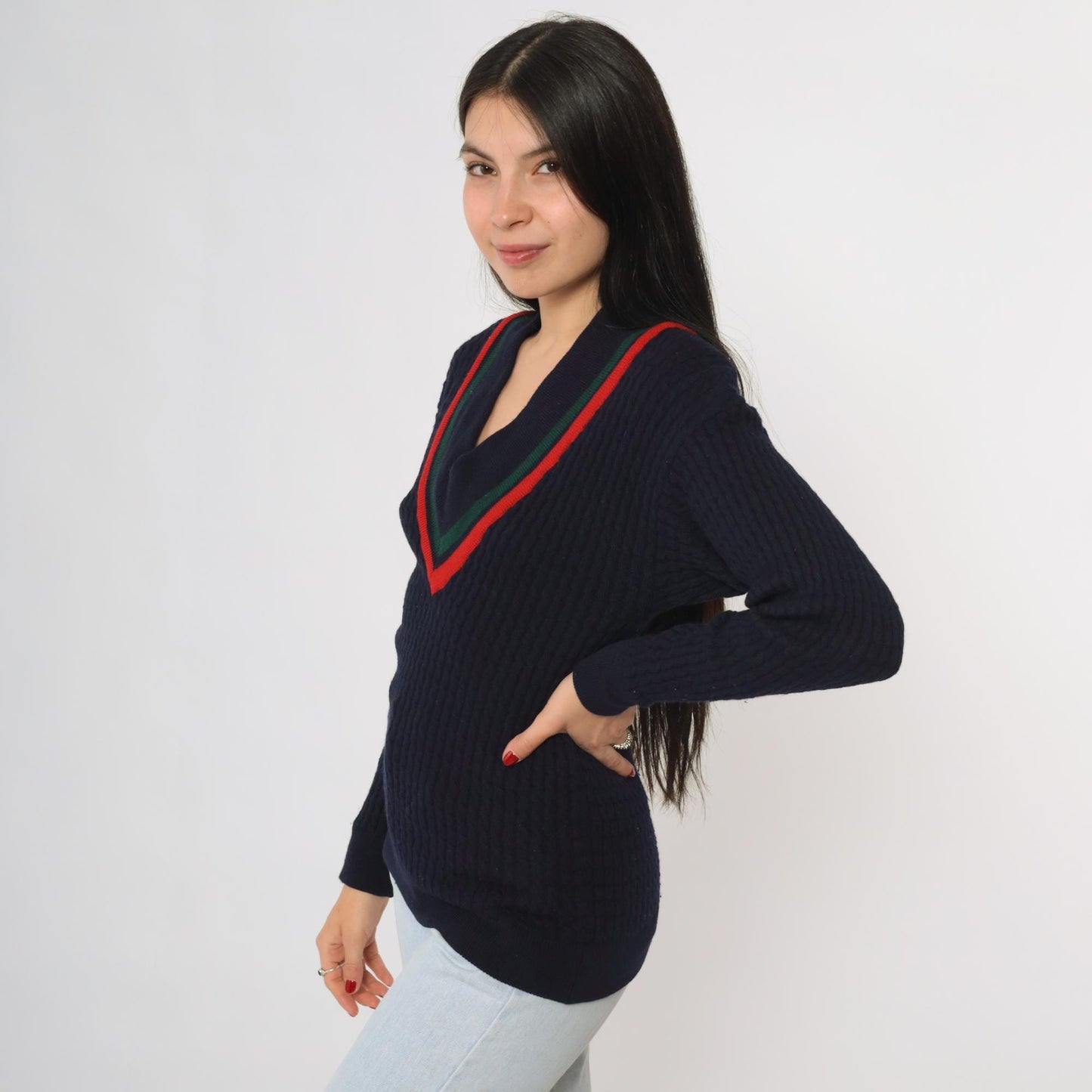 80s Abercrombie & Fitch Cricket Sweater Navy Wool V-Neck Striped Small