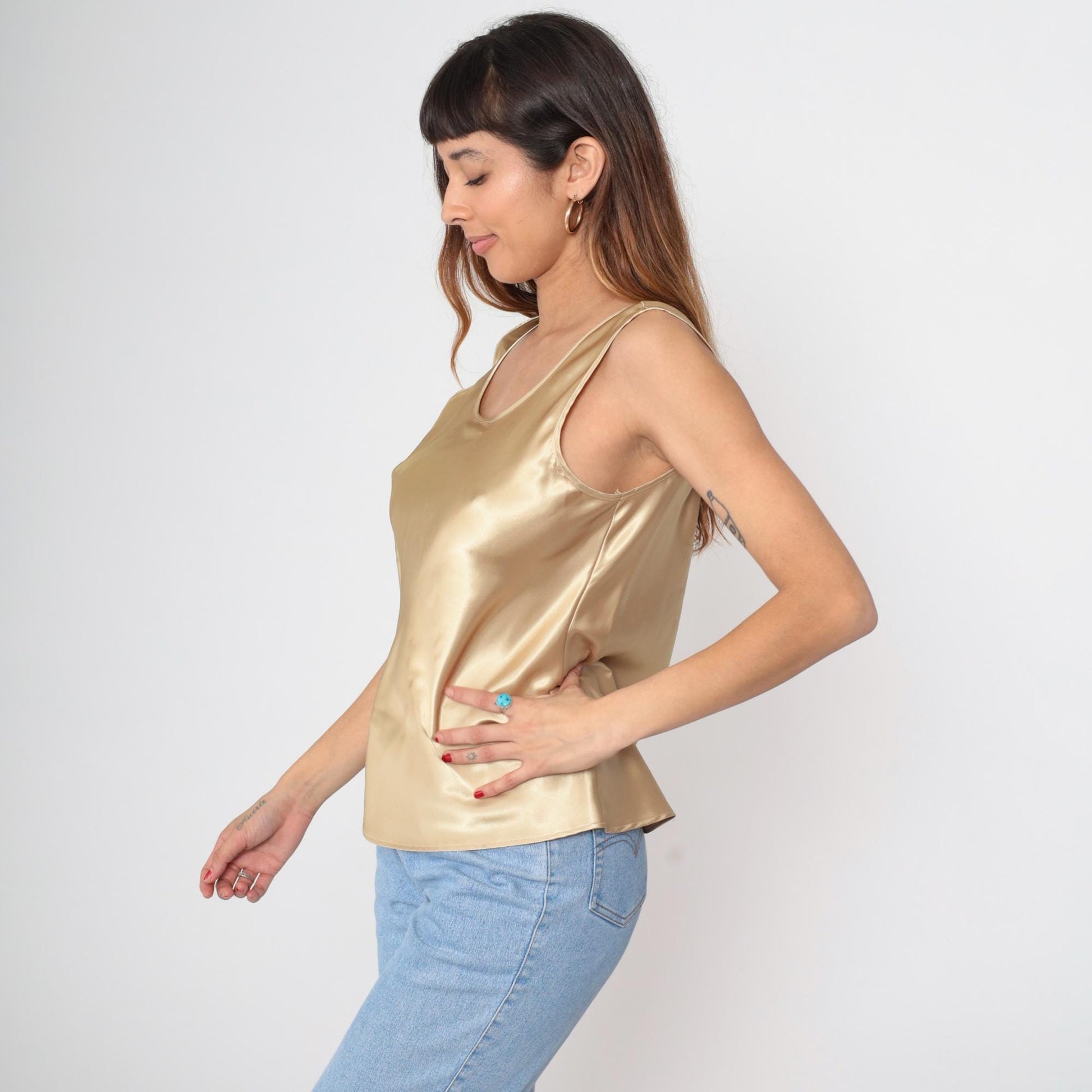 90s Gold Satin Cami Tank Top Sleeveless Blouse Large L
