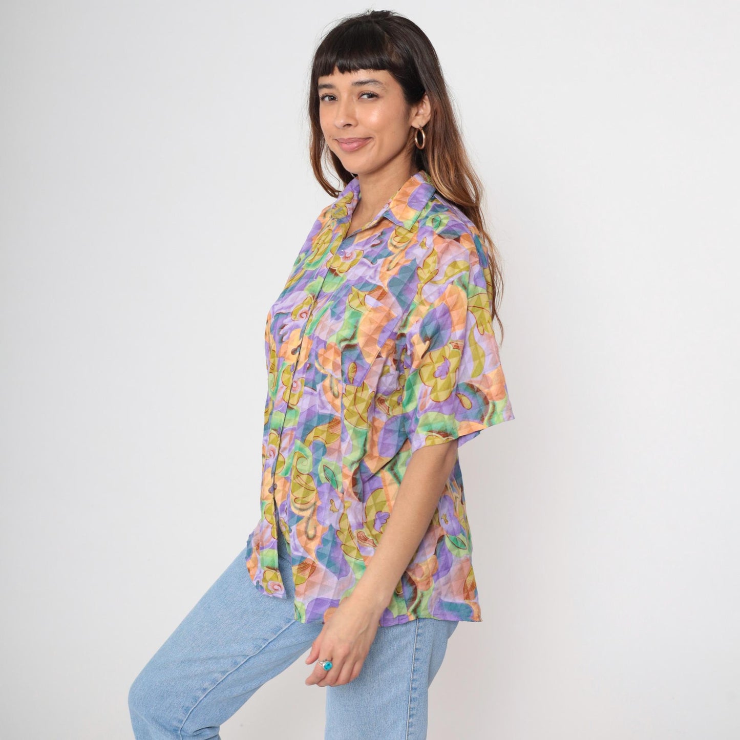 90s Rolls Abstract Psychedelic Swirl Button-Down Shirt Purple Green Extra Large XXL