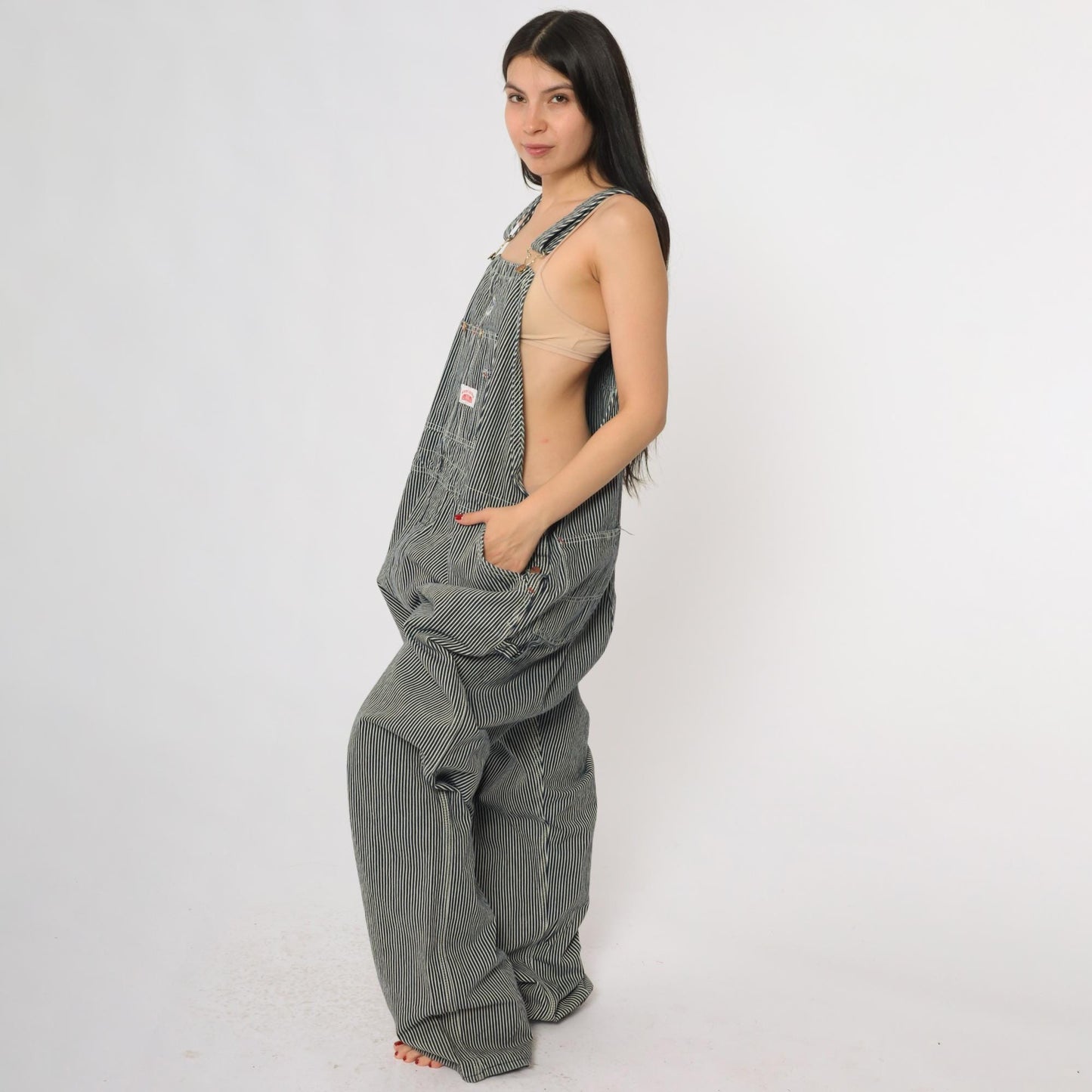 Y2K Roundhouse Railroad Stripe Denim Overalls Blue White Cotton XL