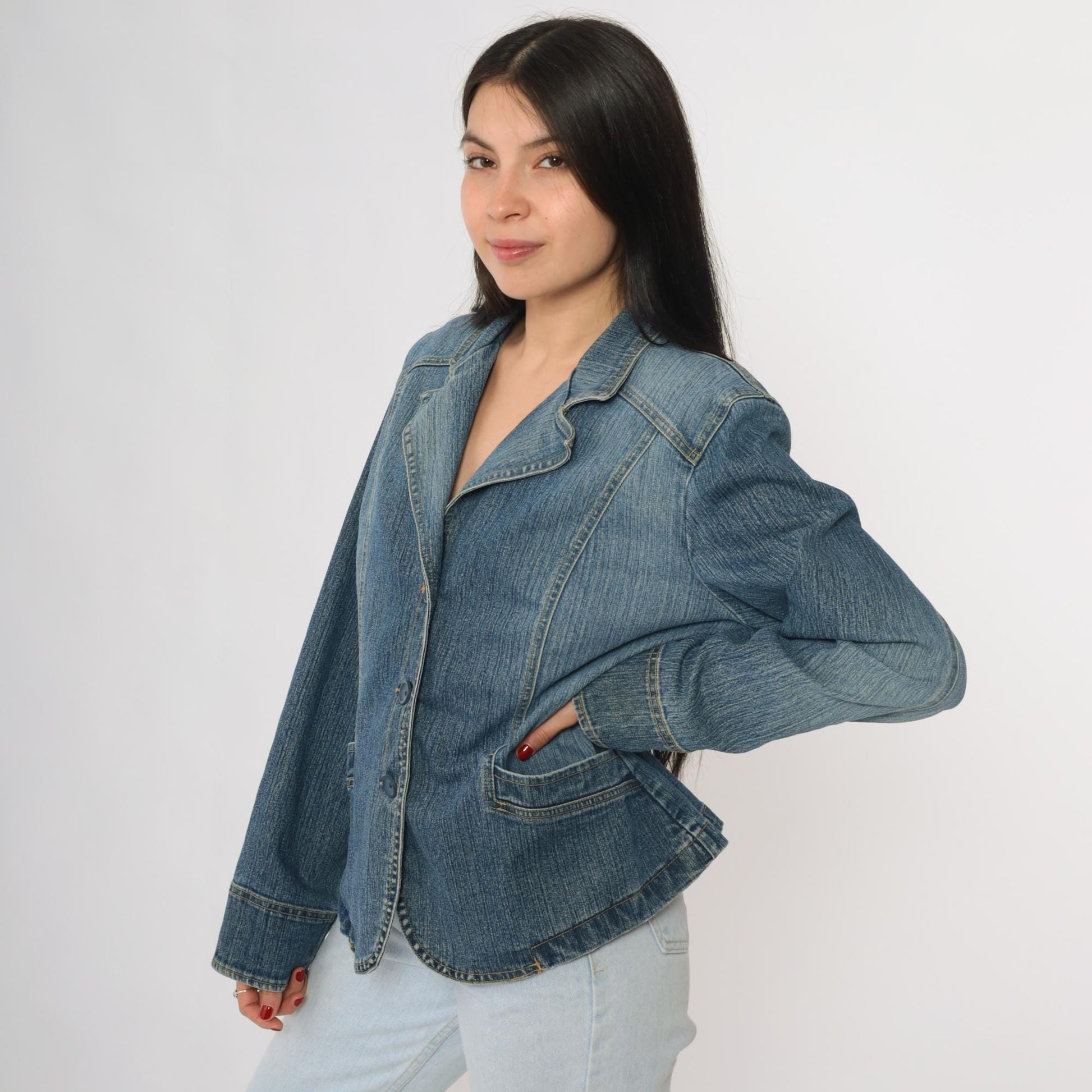 Y2K St Johns Bay Denim Blazer Blue Button Front Tailored Jacket Large L
