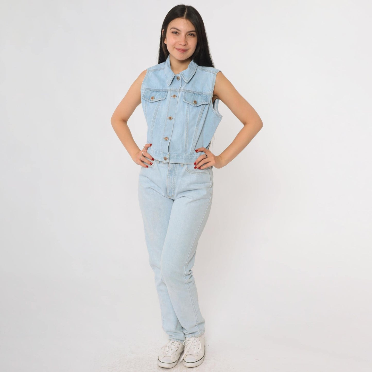 90s Faded Glory Light Wash Denim Vest Button Front Pointed Collar Large L