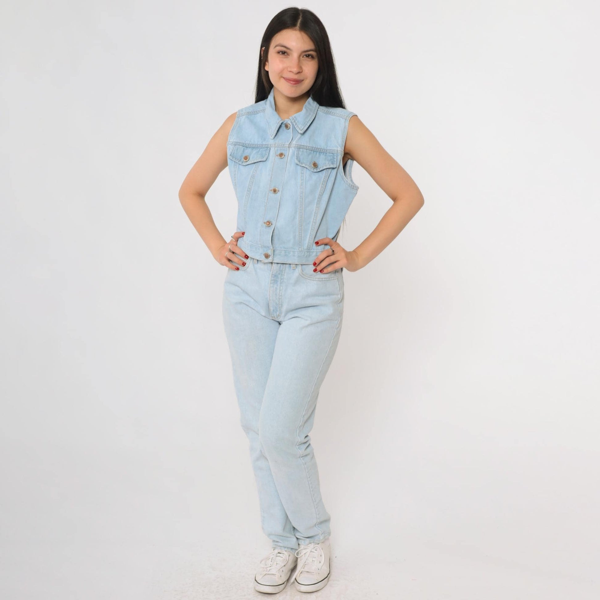 90s Faded Glory Light Wash Denim Vest Button Front Pointed Collar Large L