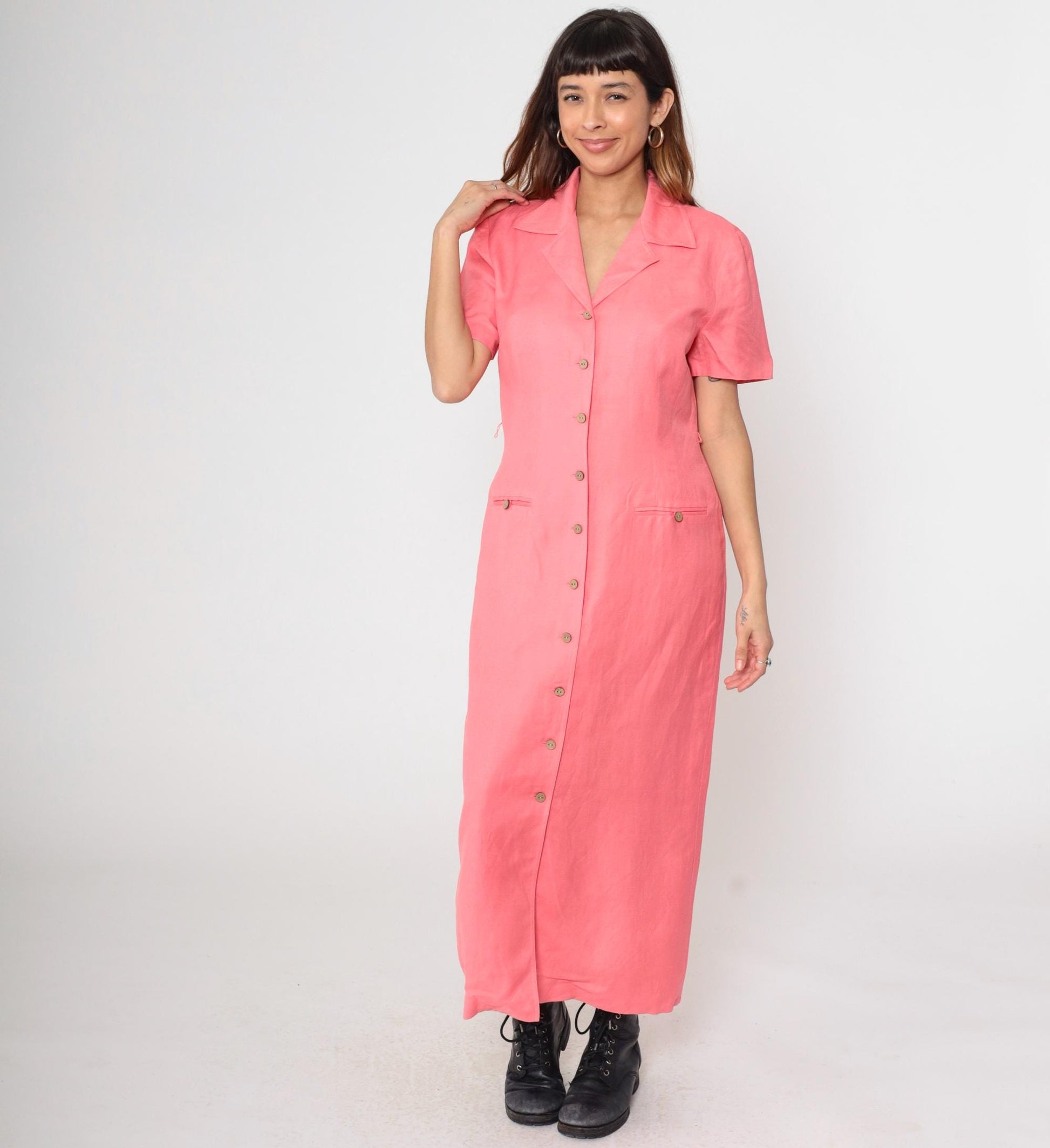 Y2K Coral Pink Linen Shirt Dress Dress Barn Button Front Maxi Large L