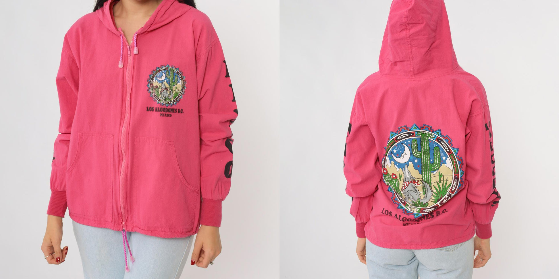 90s Los Algodones Mexico Zip Hoodie Pink Cotton Coyote Cactus Graphic Small