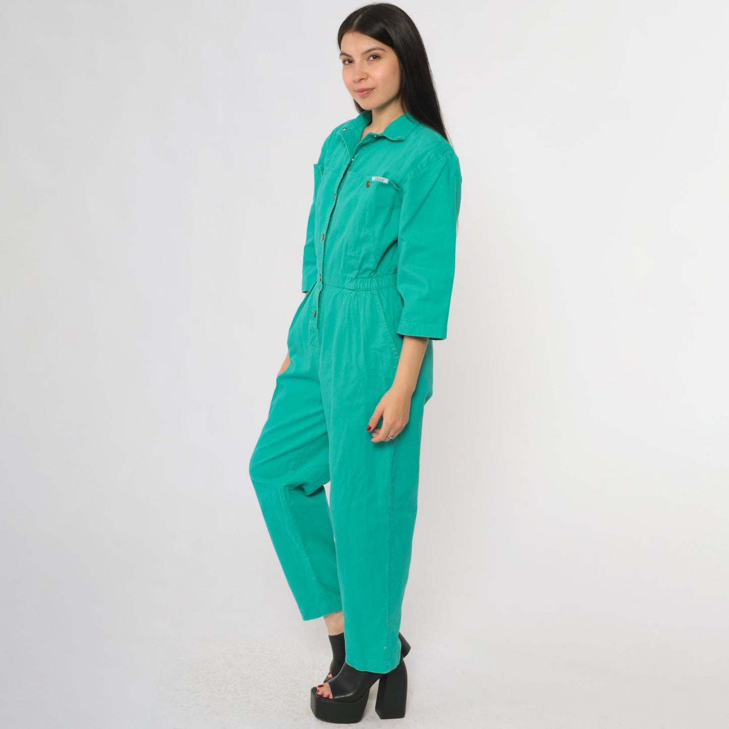 80s Ideas Turquoise Jumpsuit Button-Up Cotton Workwear Medium M