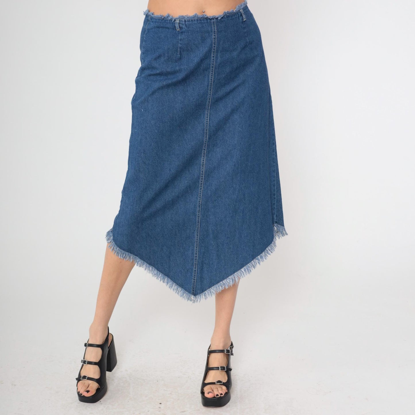 90s Blue Denim Midi Skirt Asymmetrical Frayed Hem Y2K Medium