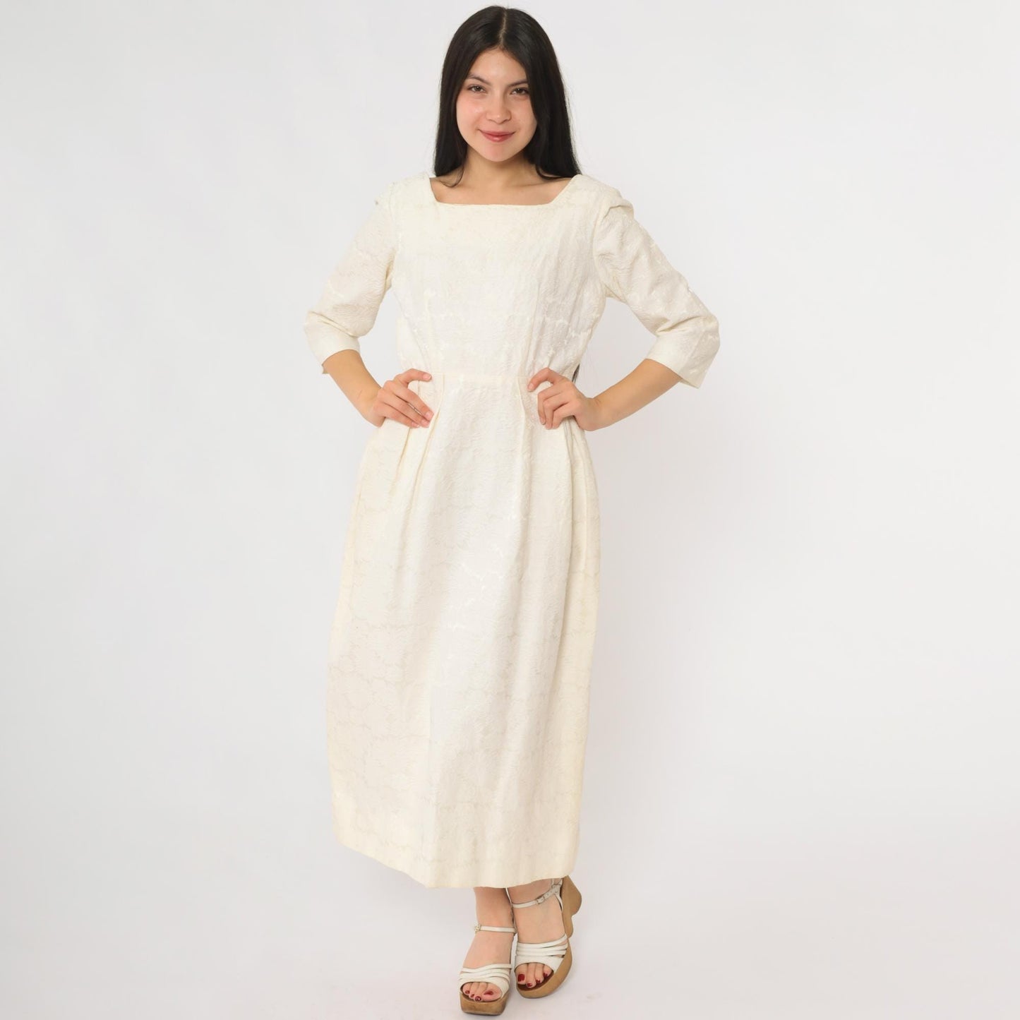 60s Cream Lace Midi Dress Square Neckline Embroidered Small