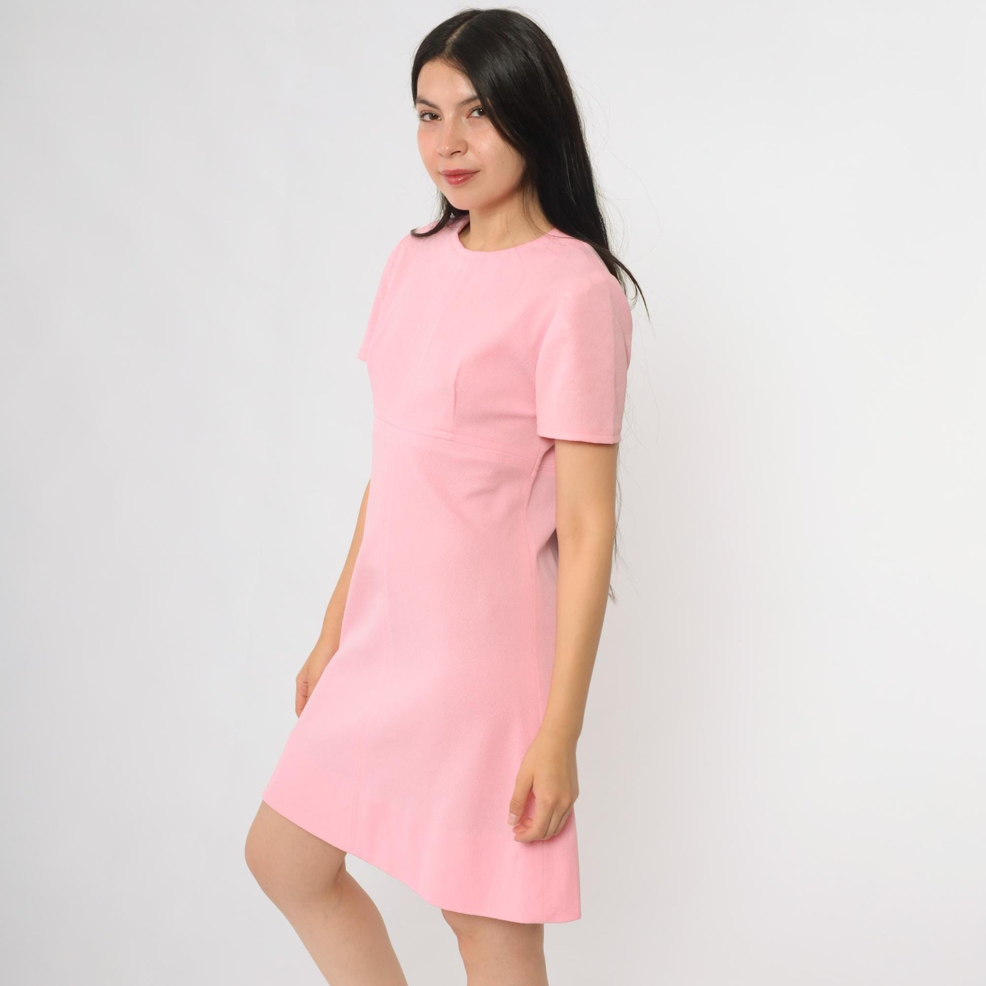 60s Pink Mini Shift Dress Mod Crew Neck A-Line Medium M