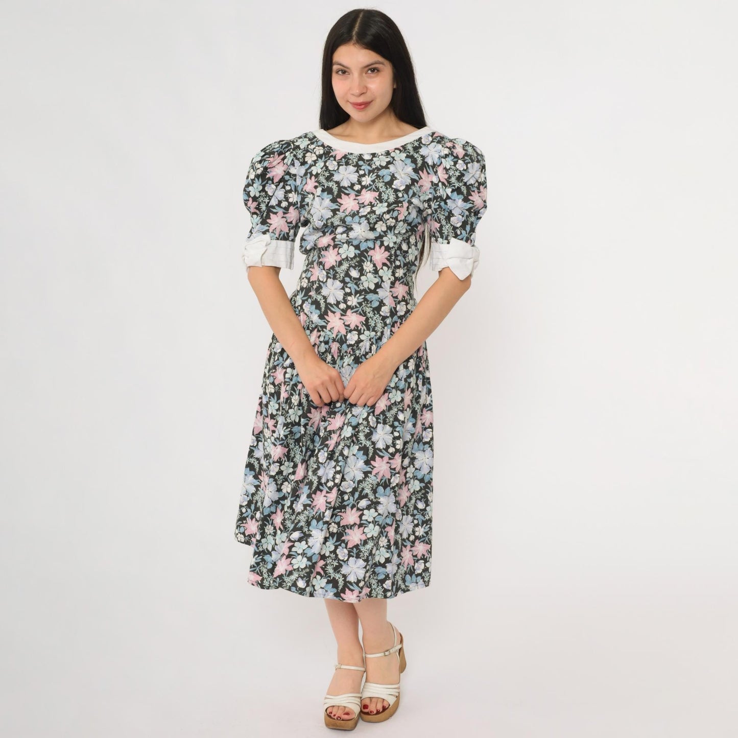 80s All That Jazz Floral Sundress Puff Sleeve Back Tie Cotton Medium