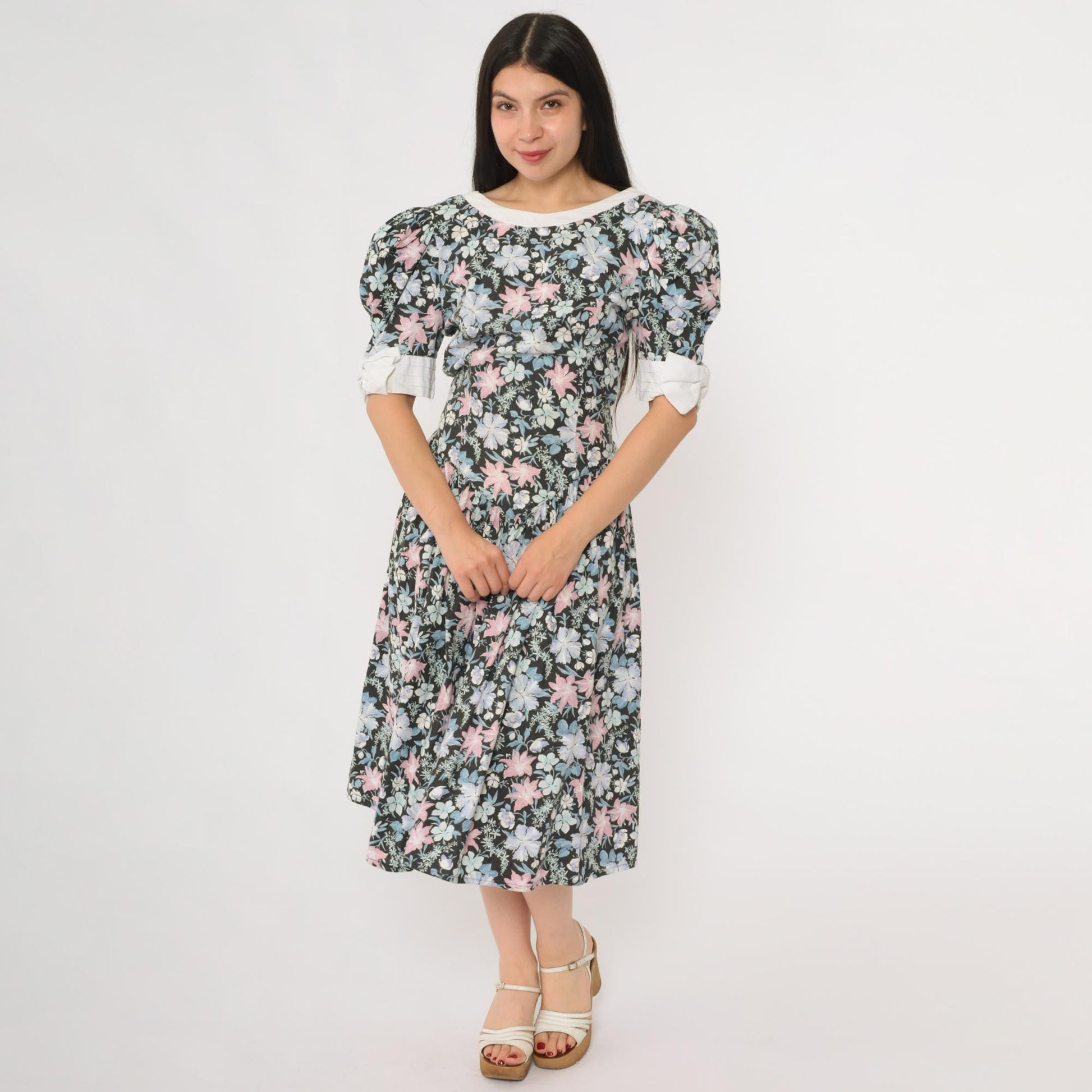 80s All That Jazz Floral Sundress Puff Sleeve Back Tie Cotton Medium