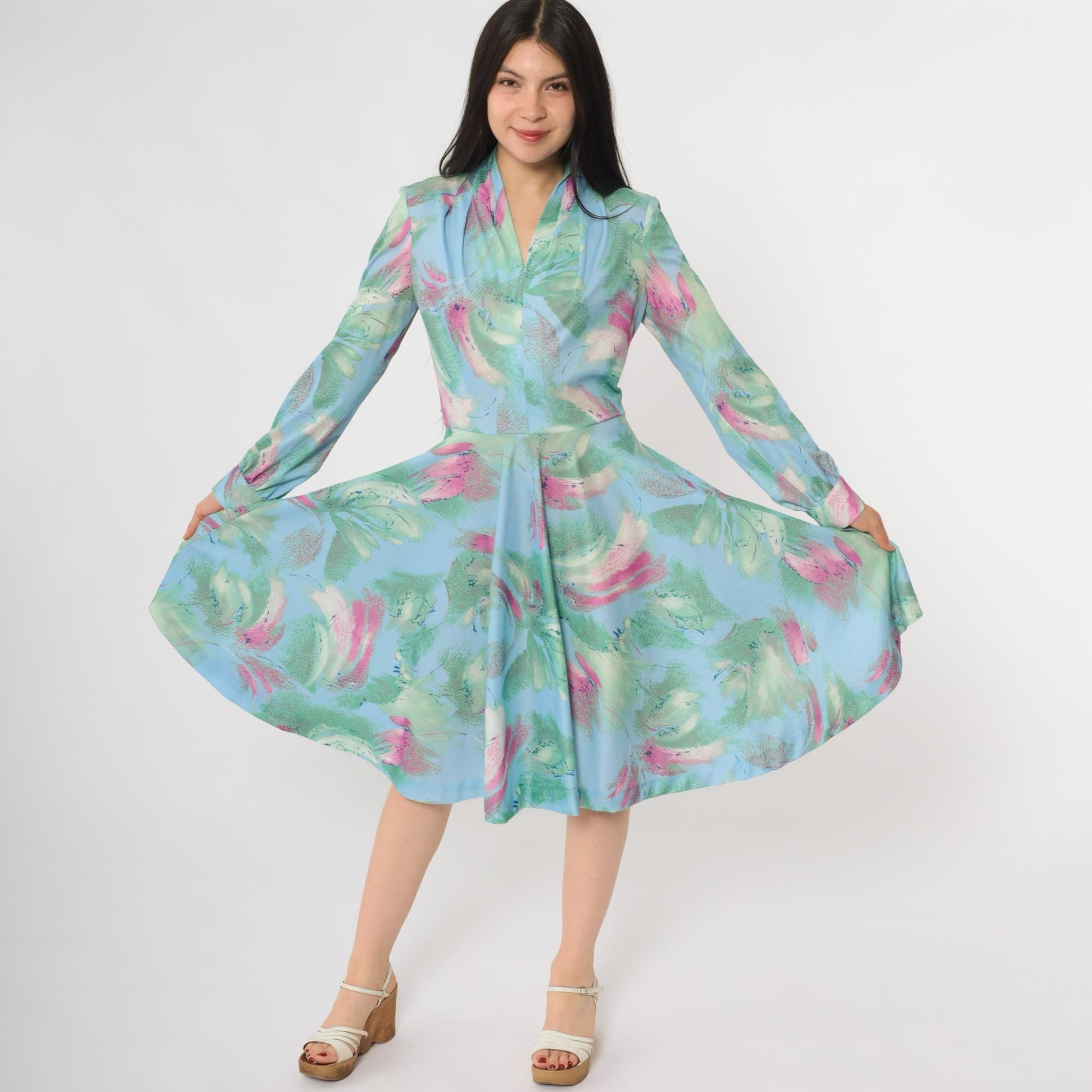 70s Watercolor Floral Dress V-Neck Abstract Print Wrap Midi Blue Green Medium M
