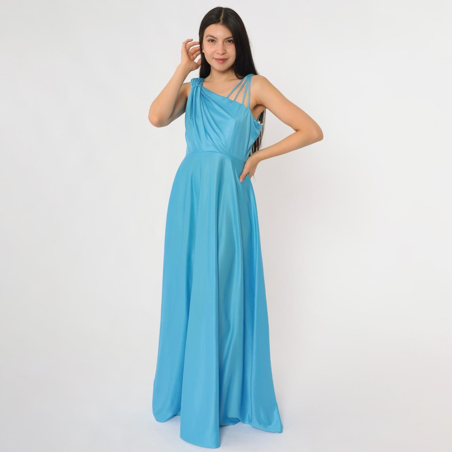 70s Blue Satin One-Shoulder Maxi Dress Draped Bodice Floor Length Small