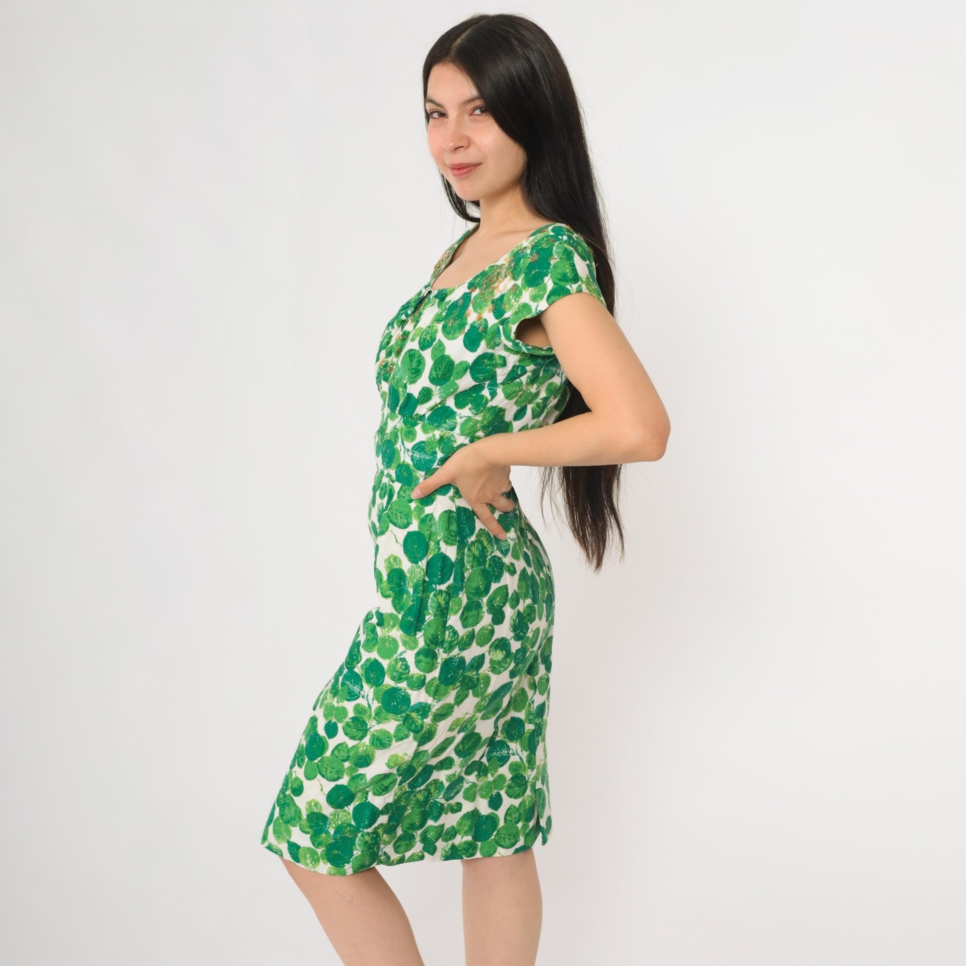 60s Green Leaf Sequin Cocktail Dress Cap Sleeve Knee Length Small