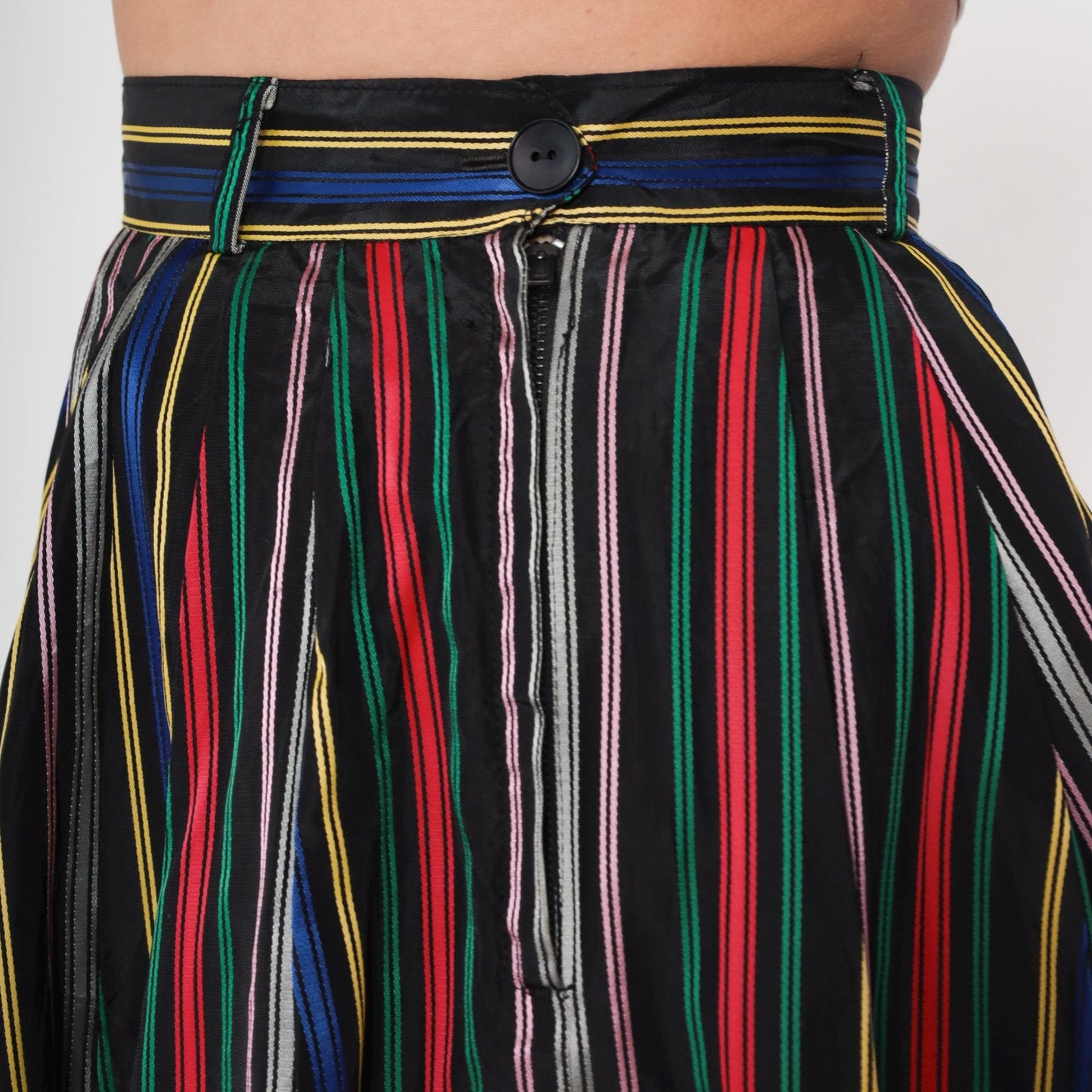 1950s Circle Skirt High Waist Tea Length Striped Rainbow Black Small