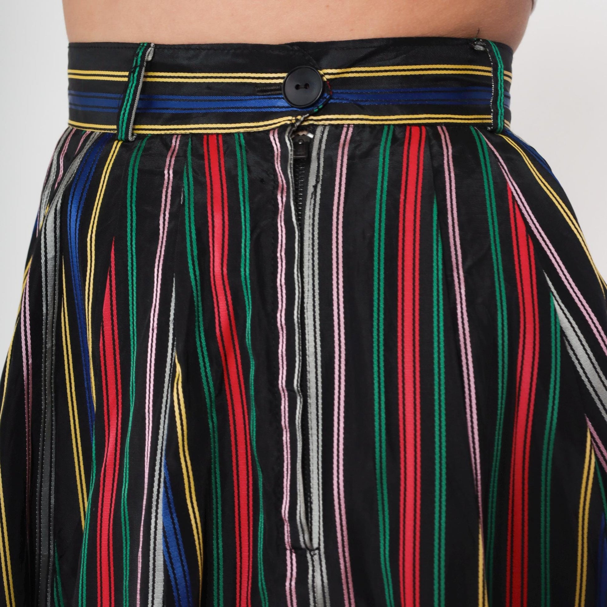 1950s Circle Skirt High Waist Tea Length Striped Rainbow Black Small