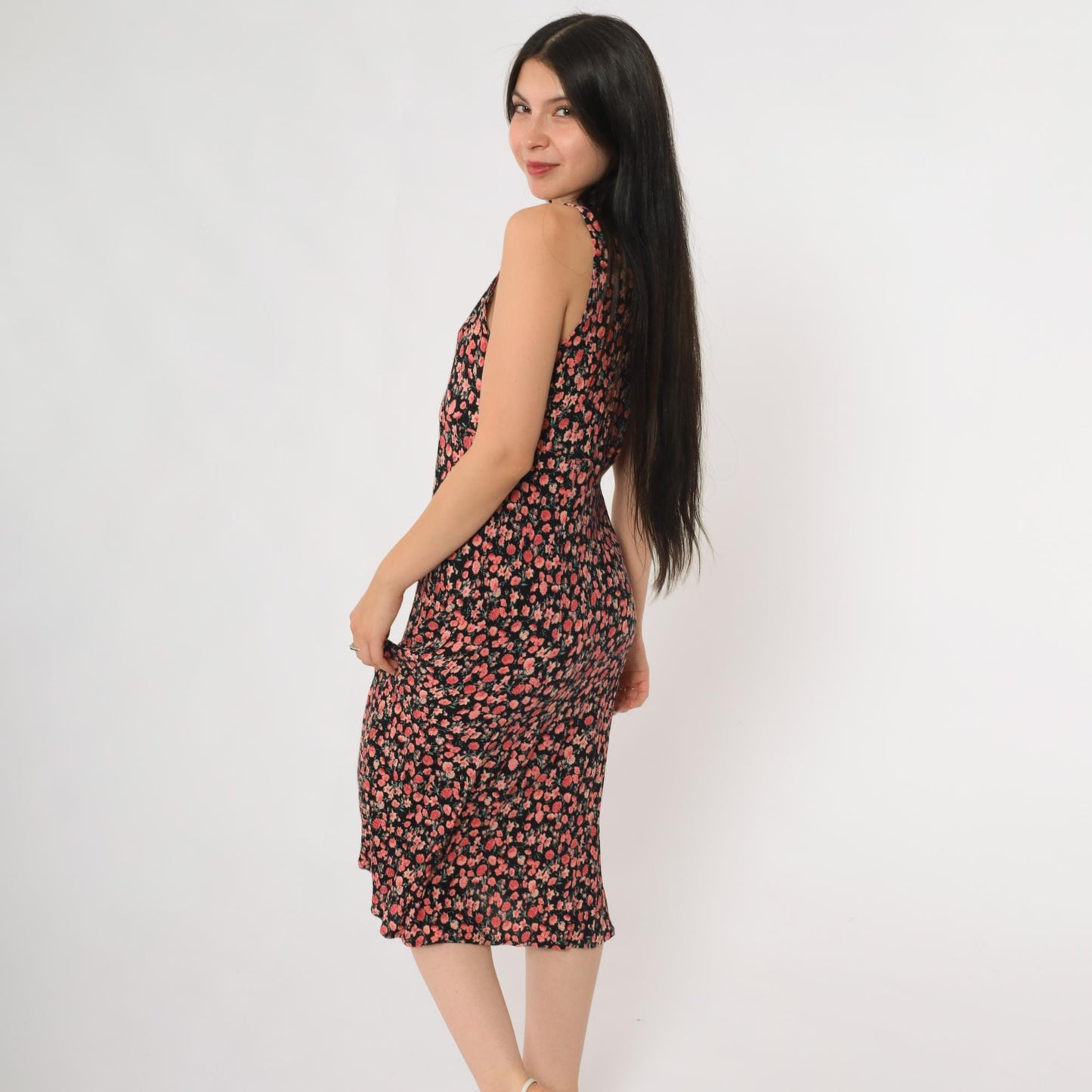 90s R&K Originals Cherry Blossom Floral Midi Dress Black Pink Medium M