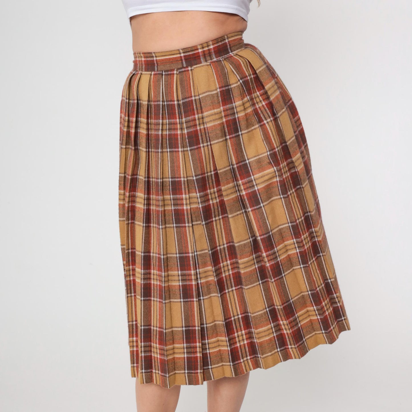 70s Plaid Wool Blend Midi Skirt High Waisted Tartan Brown Tan Small S
