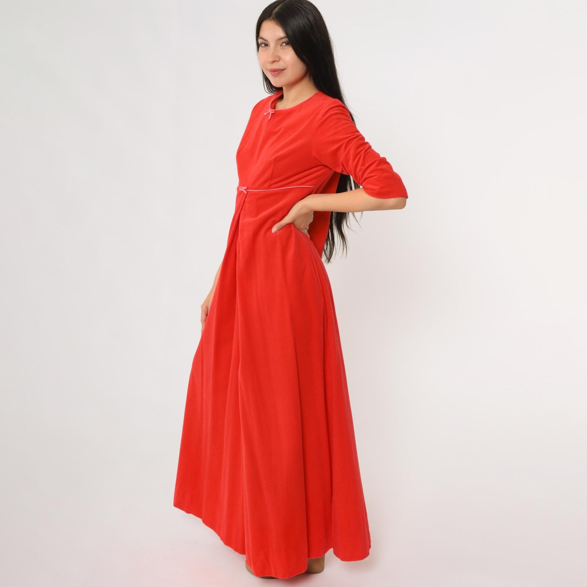 70s Chezelle Palazzo Jumpsuit Red Empire Waist Three-Quarter Sleeve Small