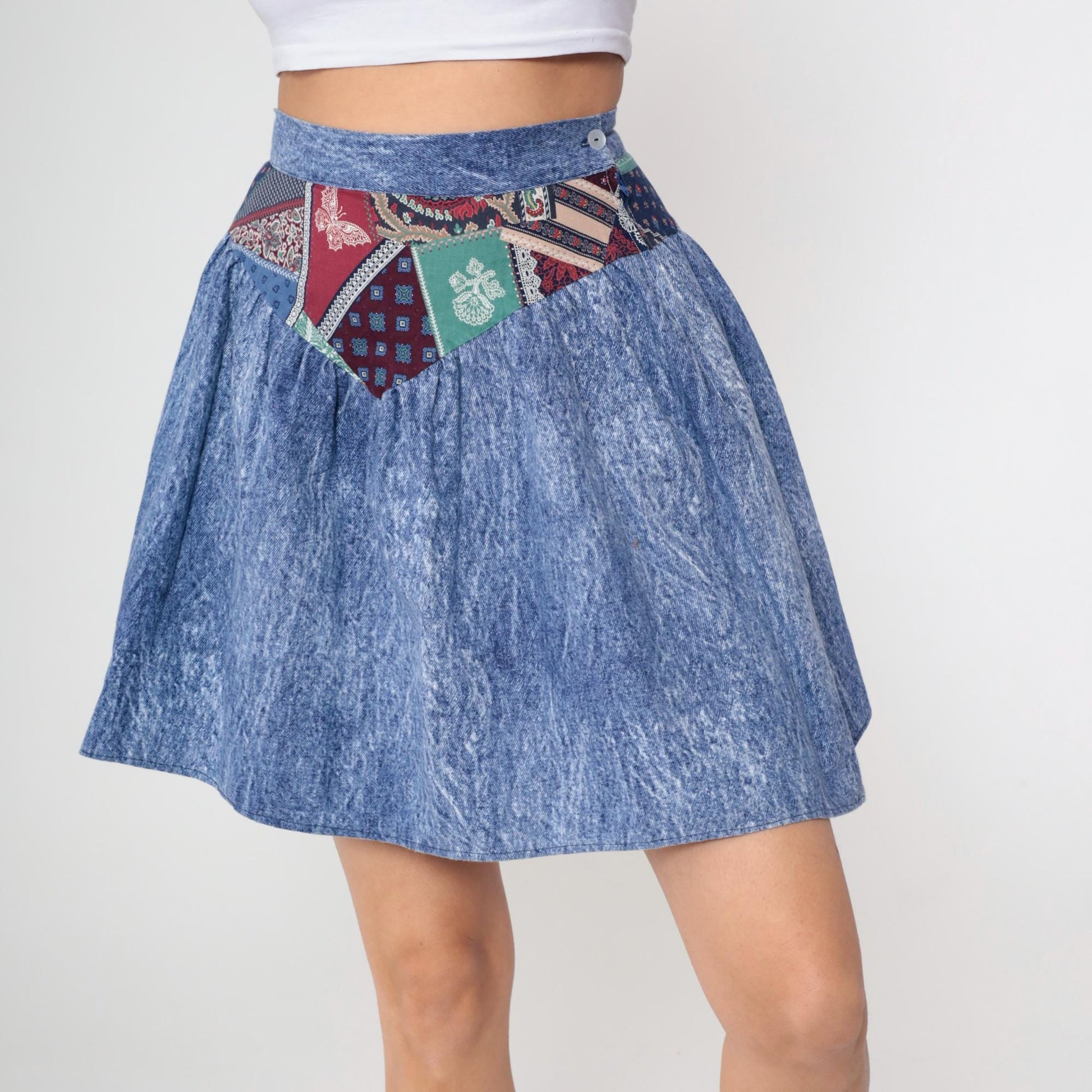 80s Acid Wash Denim Mini Skirt Patchwork High Waisted Circle Small S