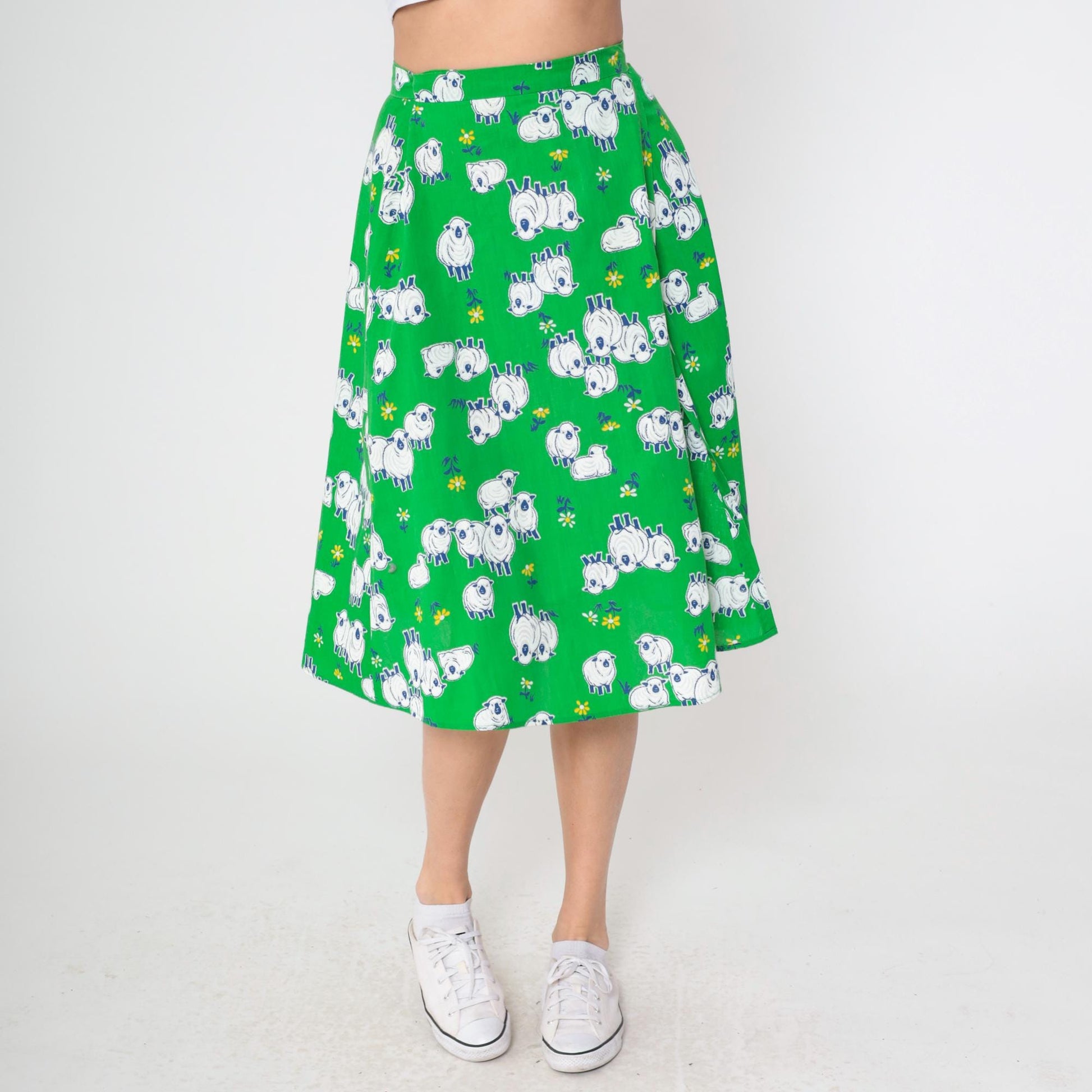 70s Sheep Print Midi Skirt Green A-Line Wrap Cotton Small Medium