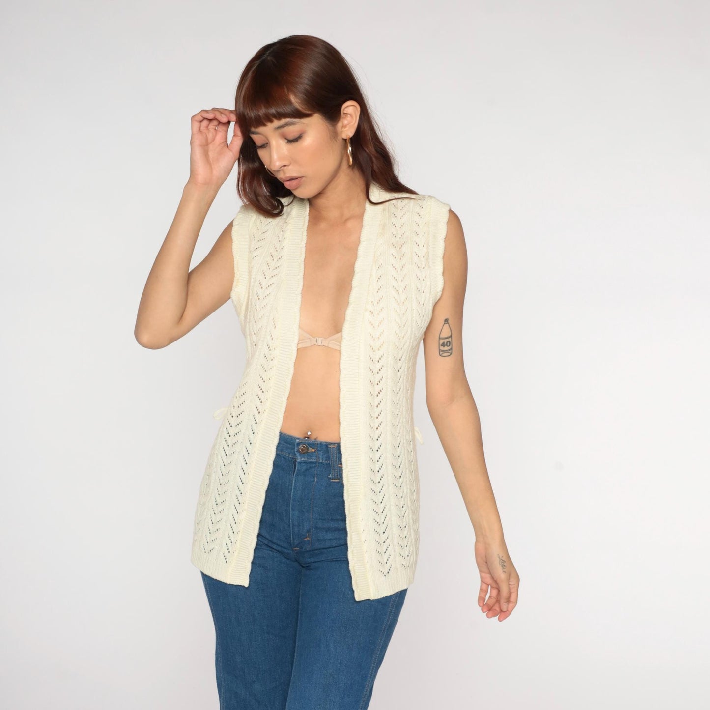 70s St Michael Cream Crochet Knit Vest Open Front Sleeveless Small
