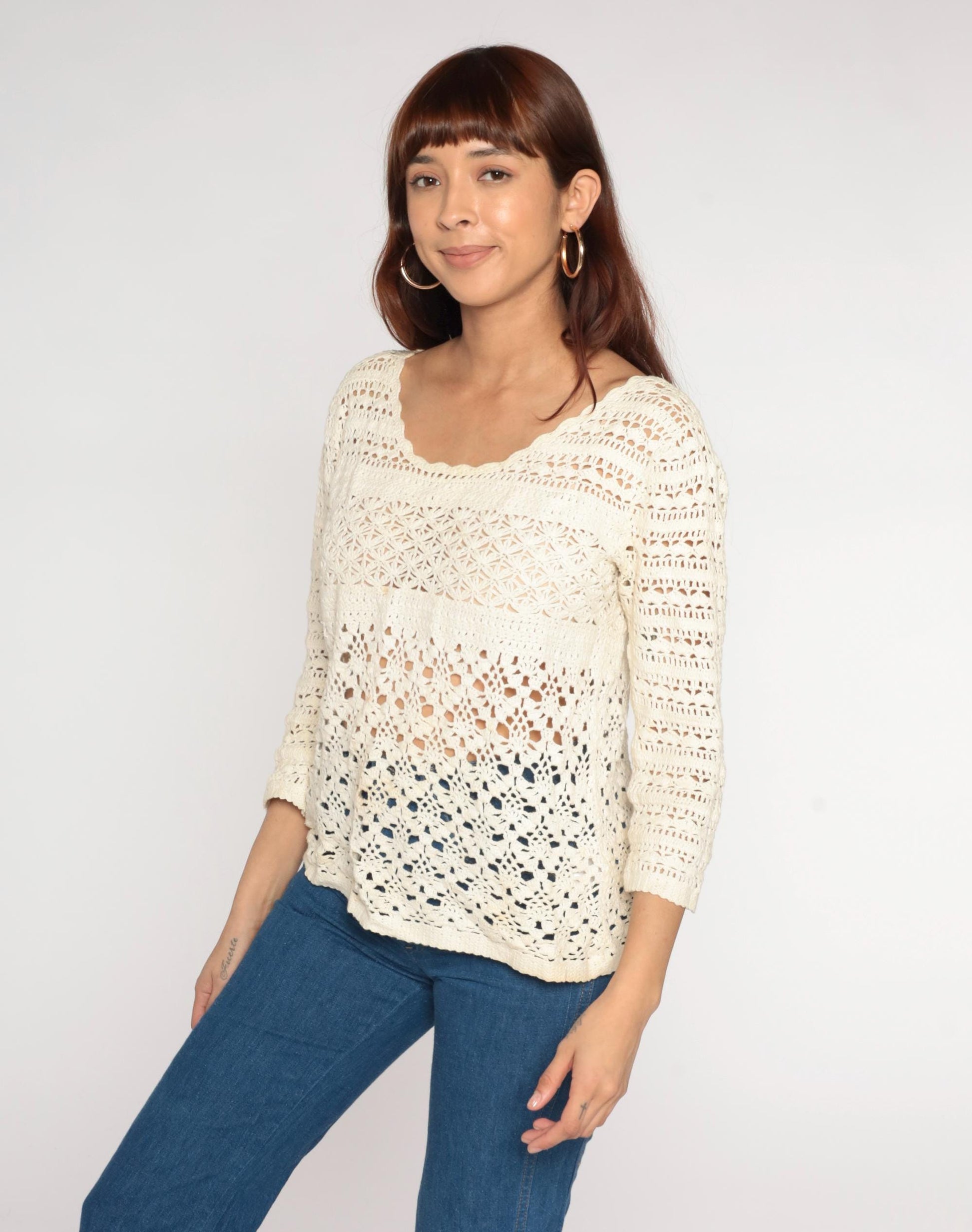 00s Lucky Brand Crochet Long Sleeve Top Cream Sheer Cutout Large L
