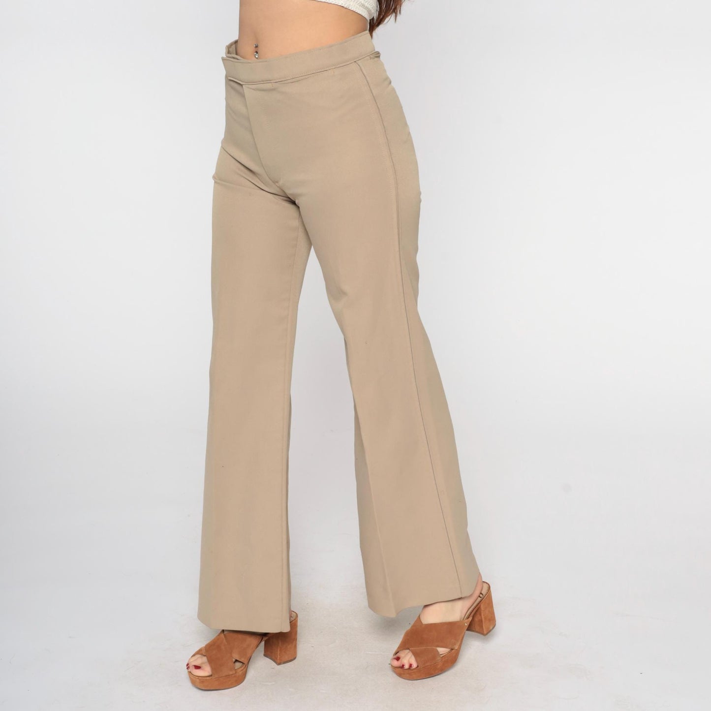 70s Tan Straight Leg Pants Low Rise Vintage Trousers Medium