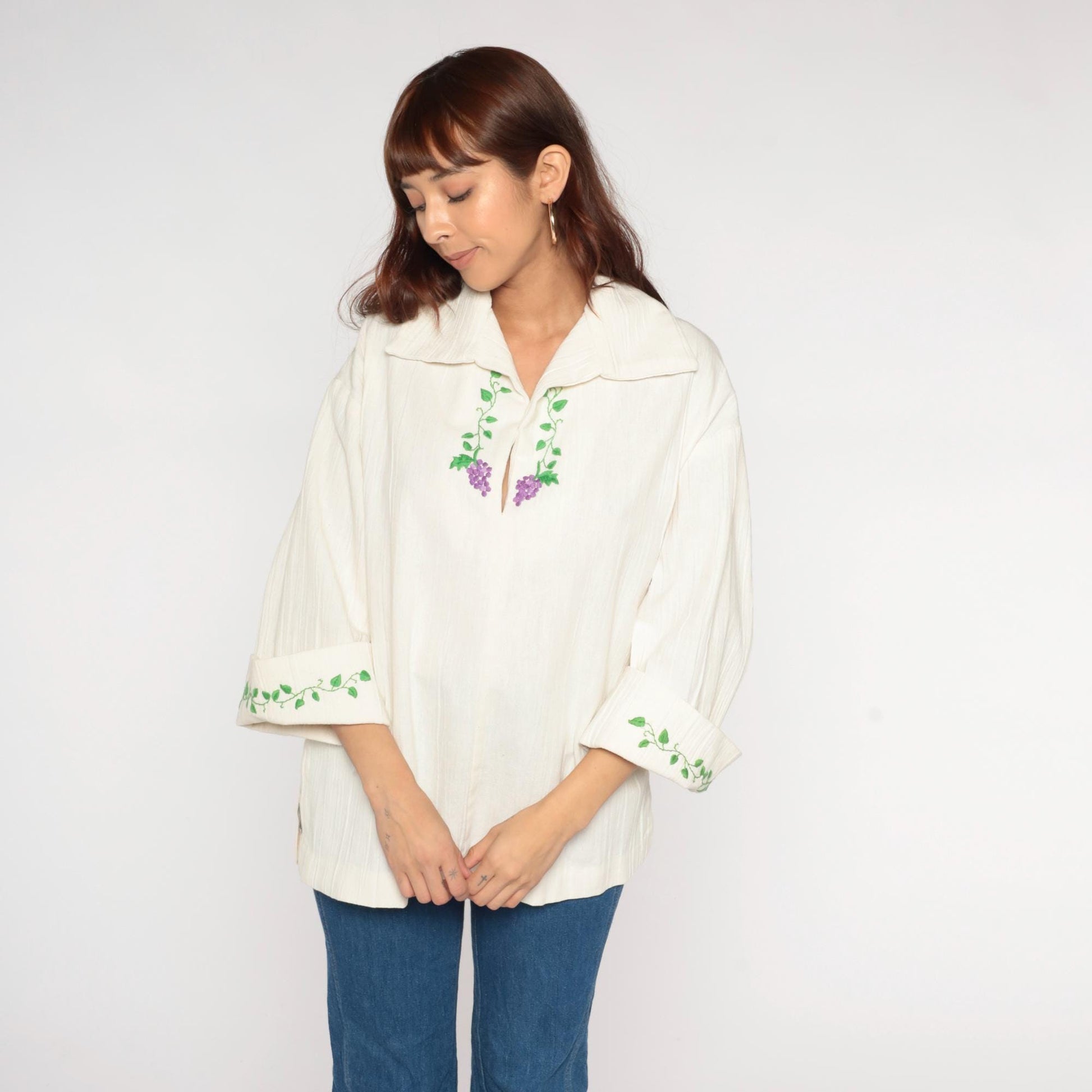 70s Cream Peasant Blouse Purple Grape Embroidery Bell Sleeves Large L
