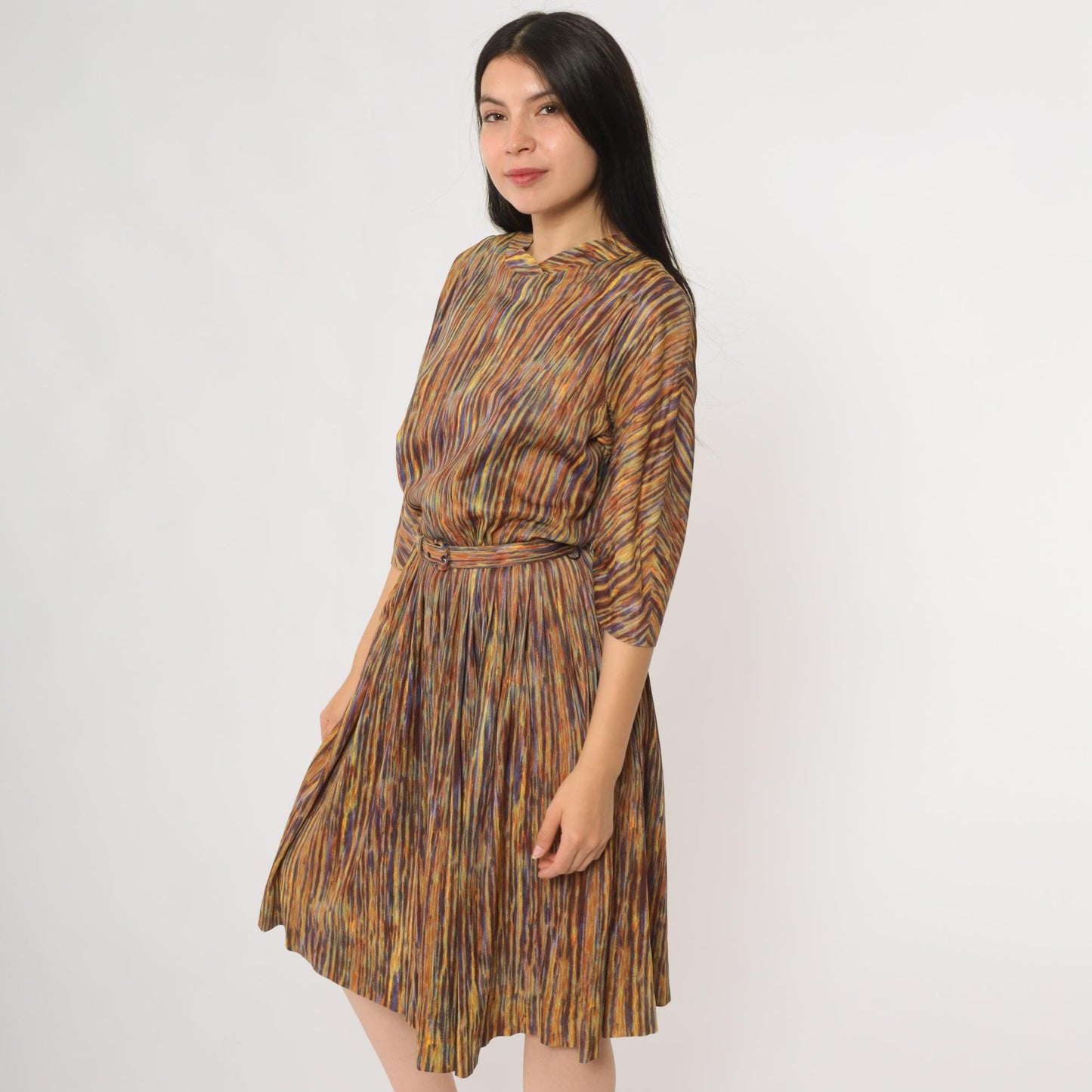 60s Nelly Don Abstract Stripe Midi Dress Rainbow V-Neck A-Line Medium