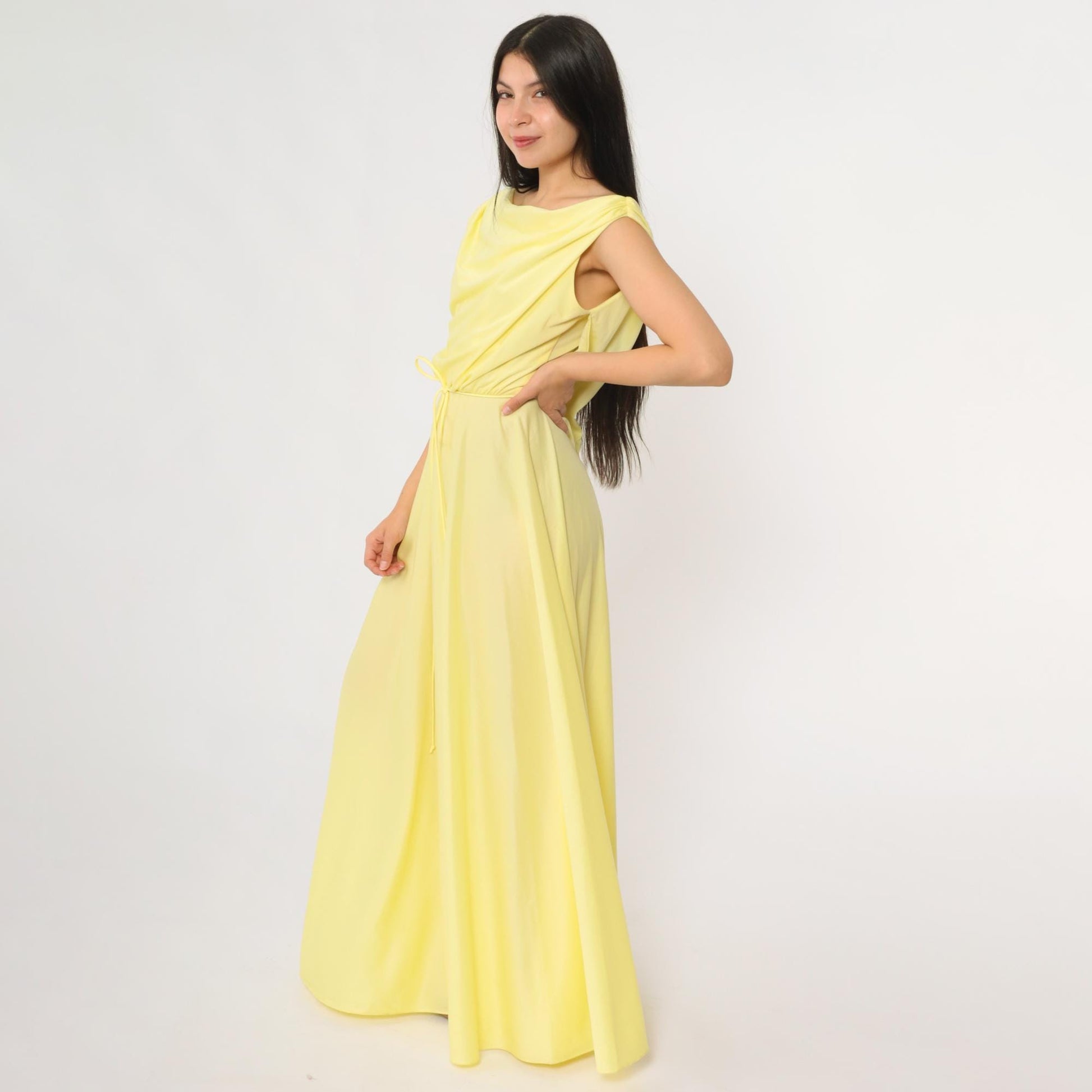 70s Yellow Maxi Dress Cowl Neck Sleeveless Waist Tie Small
