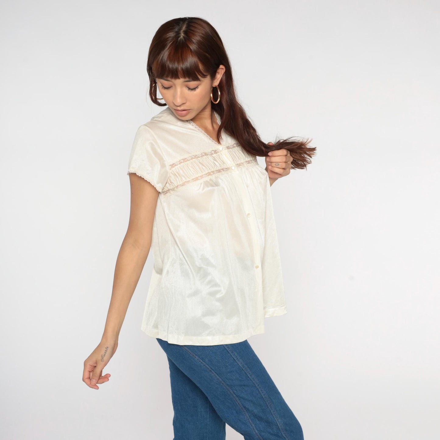 80s Sears Cream Lace Trim Blouse Short Sleeve Medium M