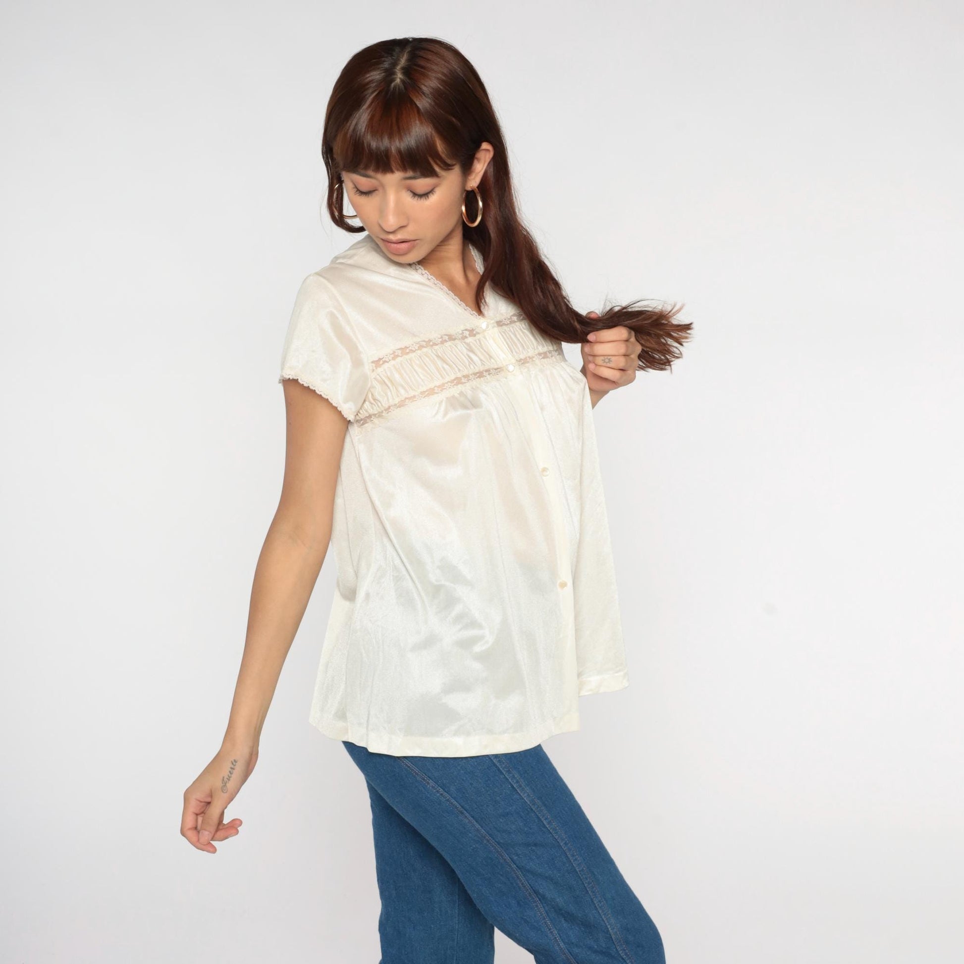 80s Sears Cream Lace Trim Blouse Short Sleeve Medium M