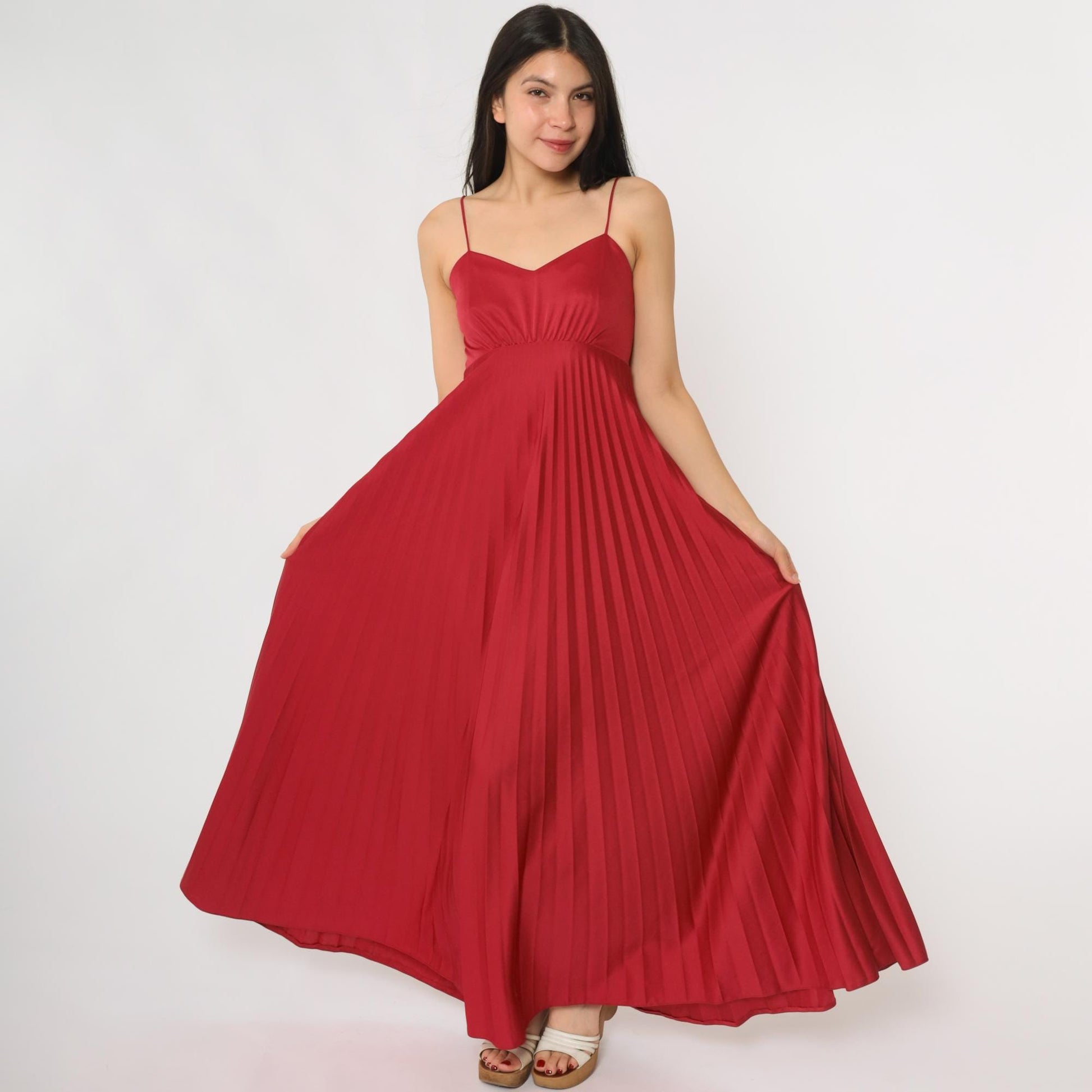 70s Red Pleated Maxi Dress Spaghetti Strap Empire Waist Extra Small