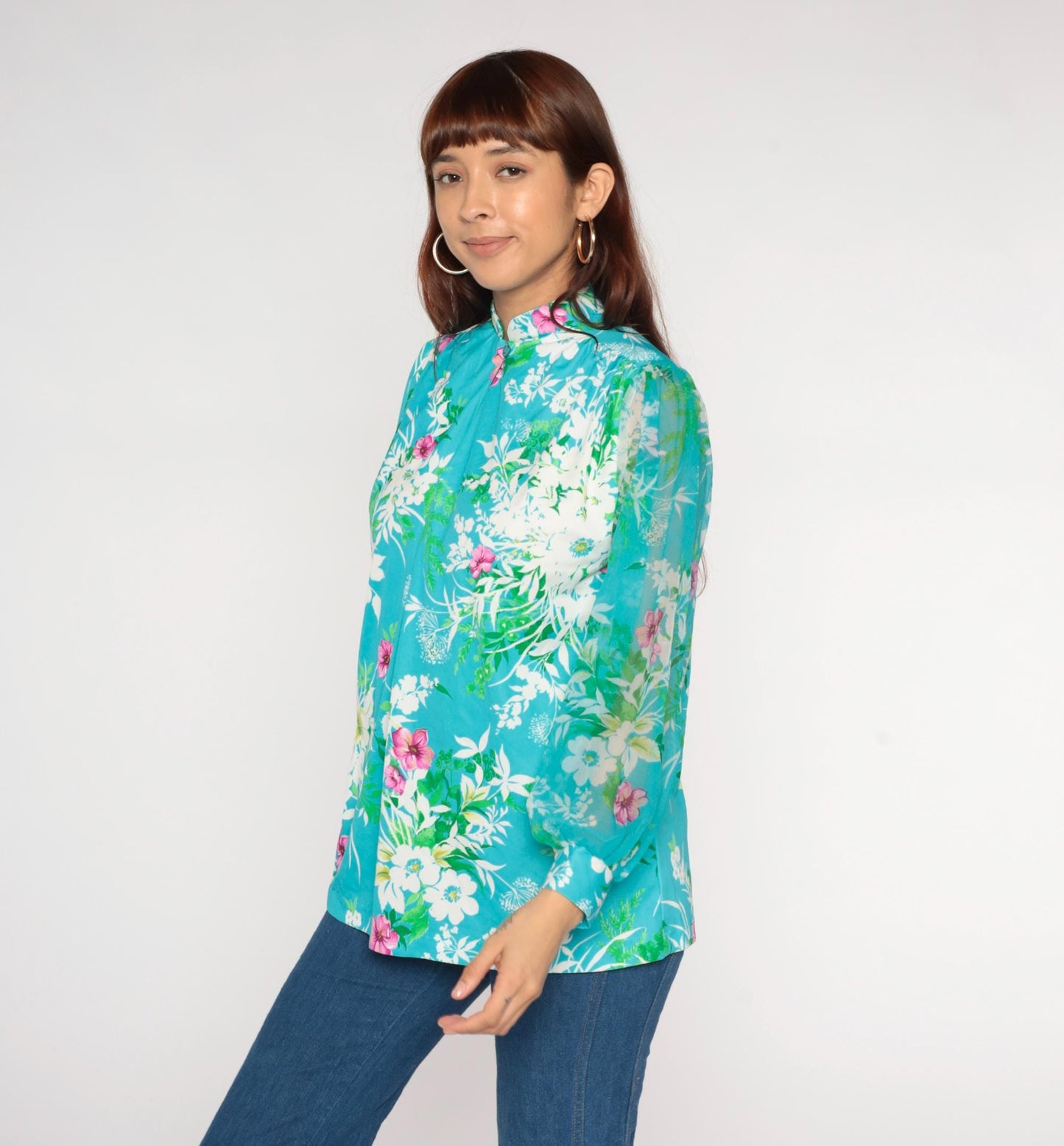 70s Hawaiian Turquoise Floral Blouse Long Sleeve Button Front Medium M