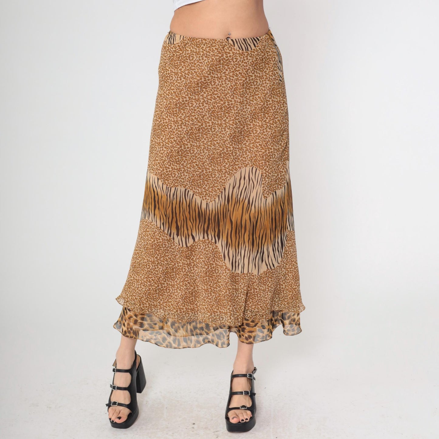 Y2K Mixed Animal Print Midi Skirt Leopard Zebra Cheetah Tiered Ruffle Medium