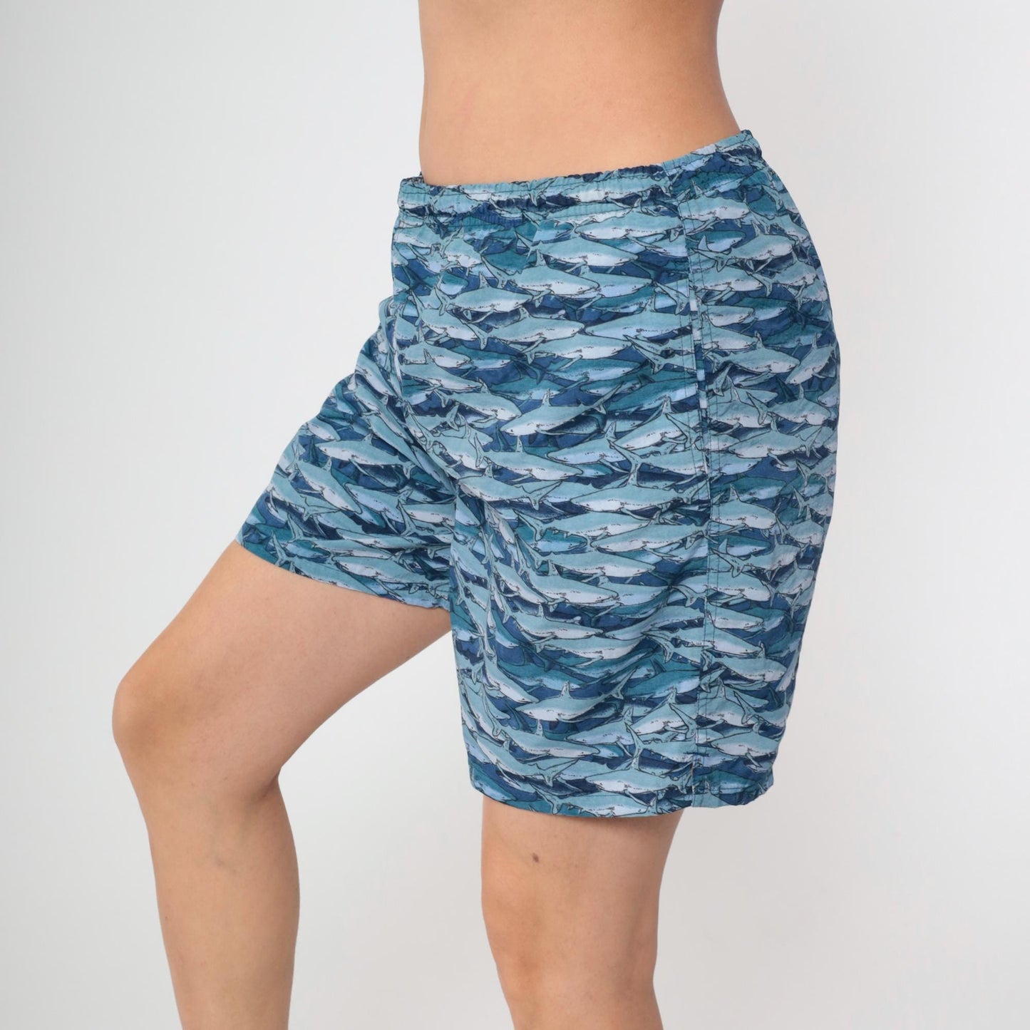 Y2K Shark Print Swim Trunks Ocean Blue Mesh Lined Board Shorts Medium M