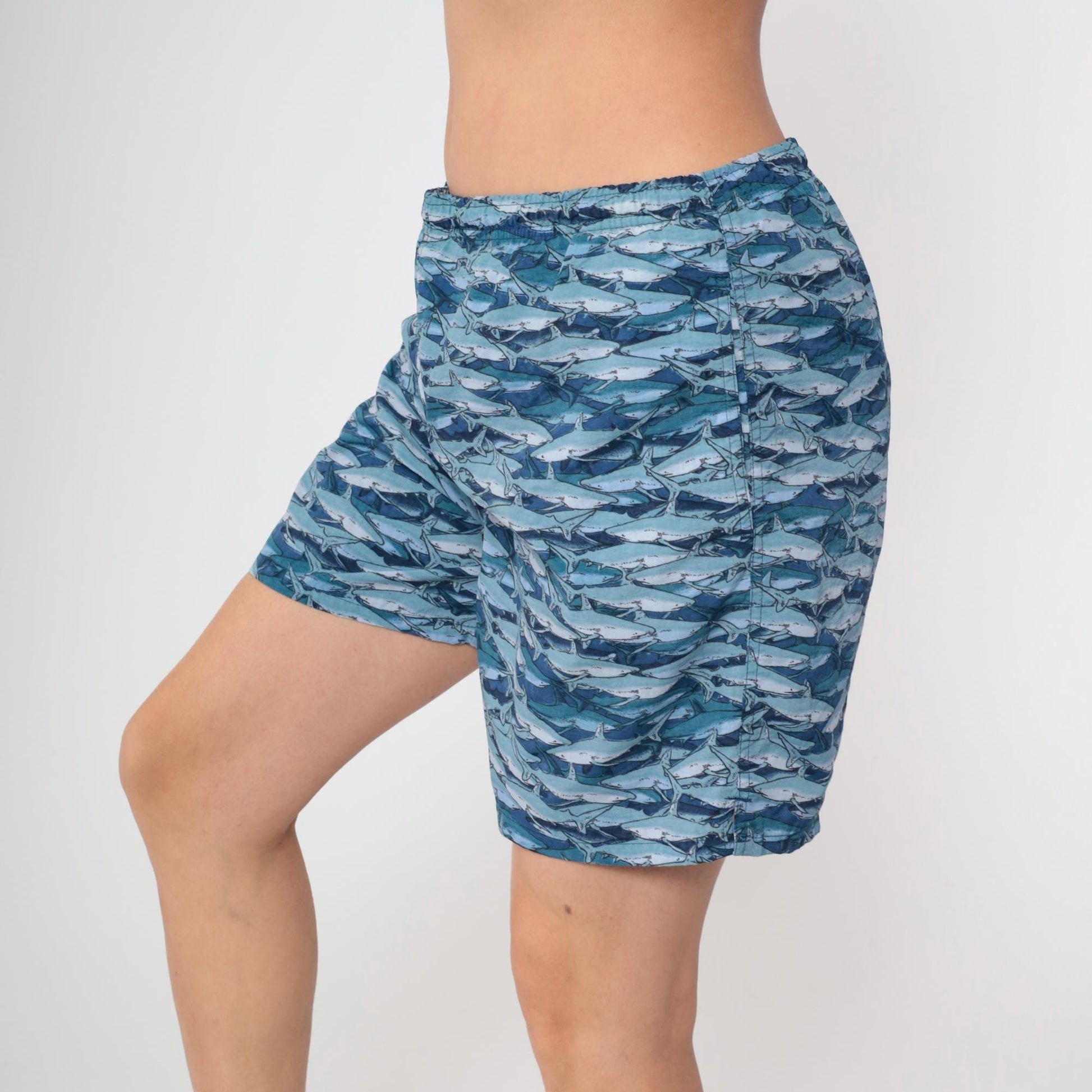 Y2K Shark Print Swim Trunks Ocean Blue Mesh Lined Board Shorts Medium M