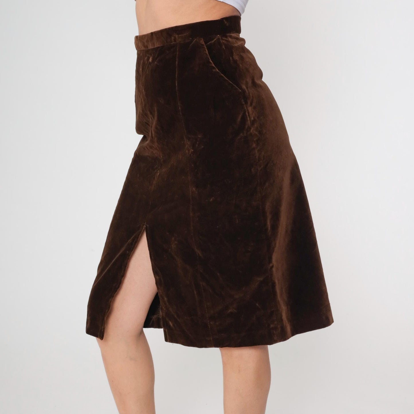 70s Brown Velvet Mini Skirt High Waist A-Line Small