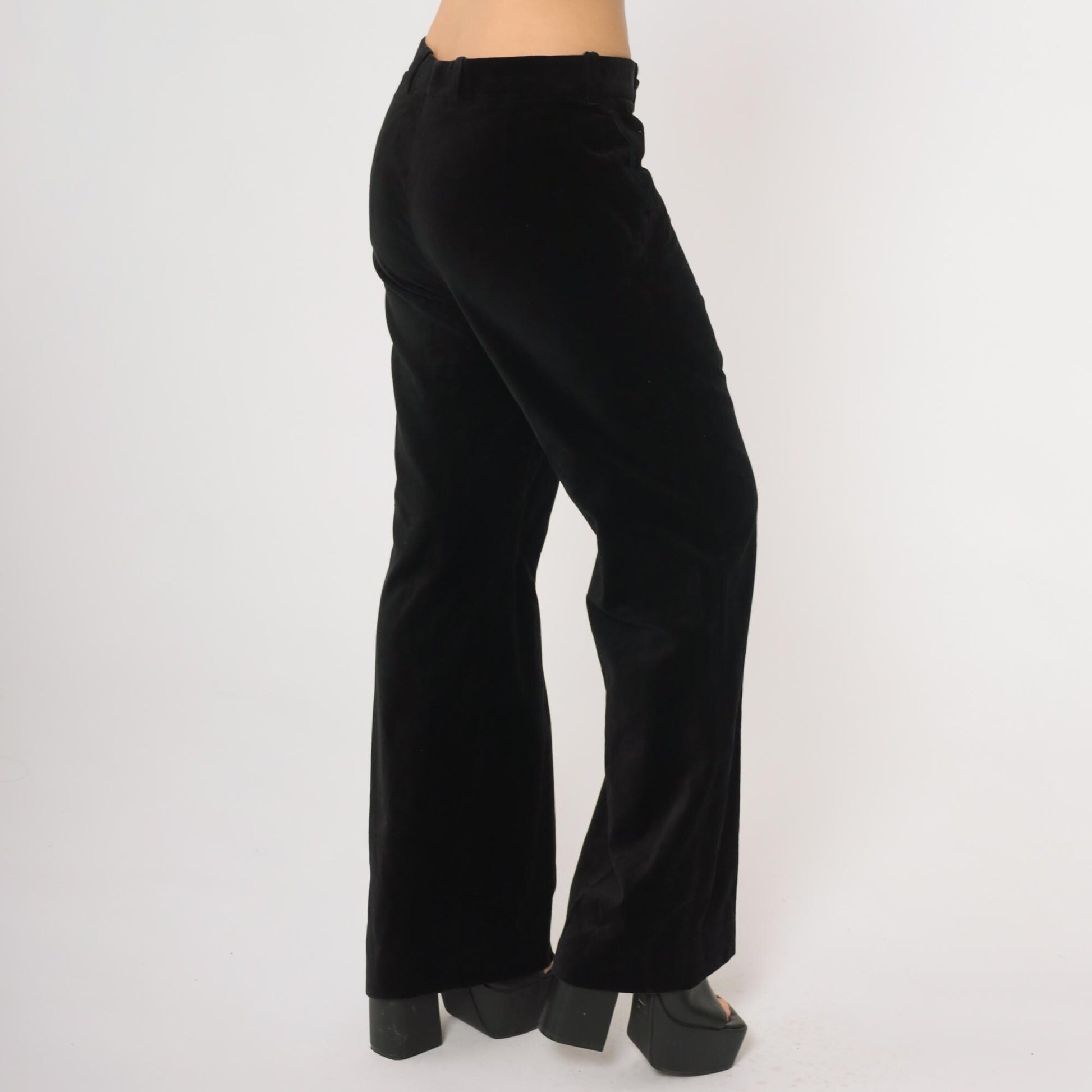80s Black Velvet Wide Leg High Waisted Trousers Straight Leg Medium