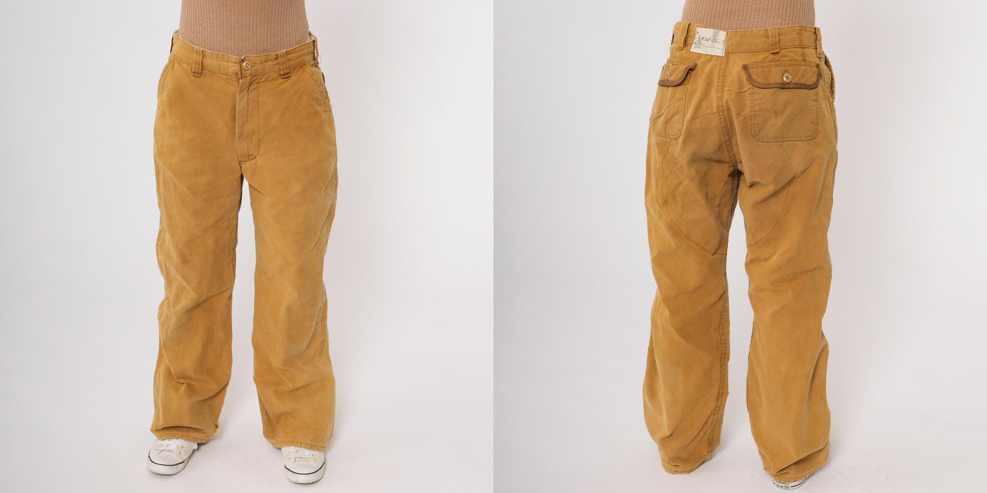 70s Mustard Yellow Cargo Pants High Waisted Wide Leg Canvas Utility Medium