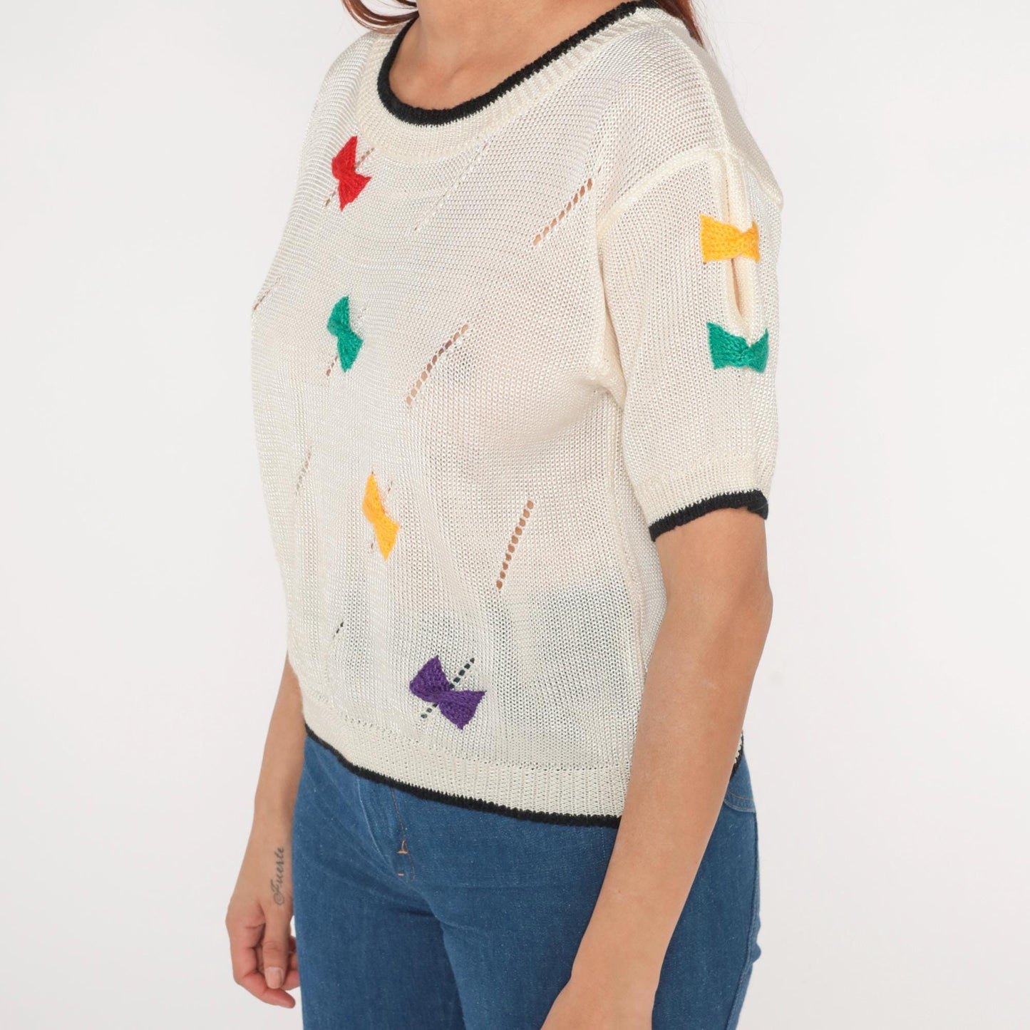 80s Bow Print Sweater Cream Rainbow Short Sleeve Knit Medium M