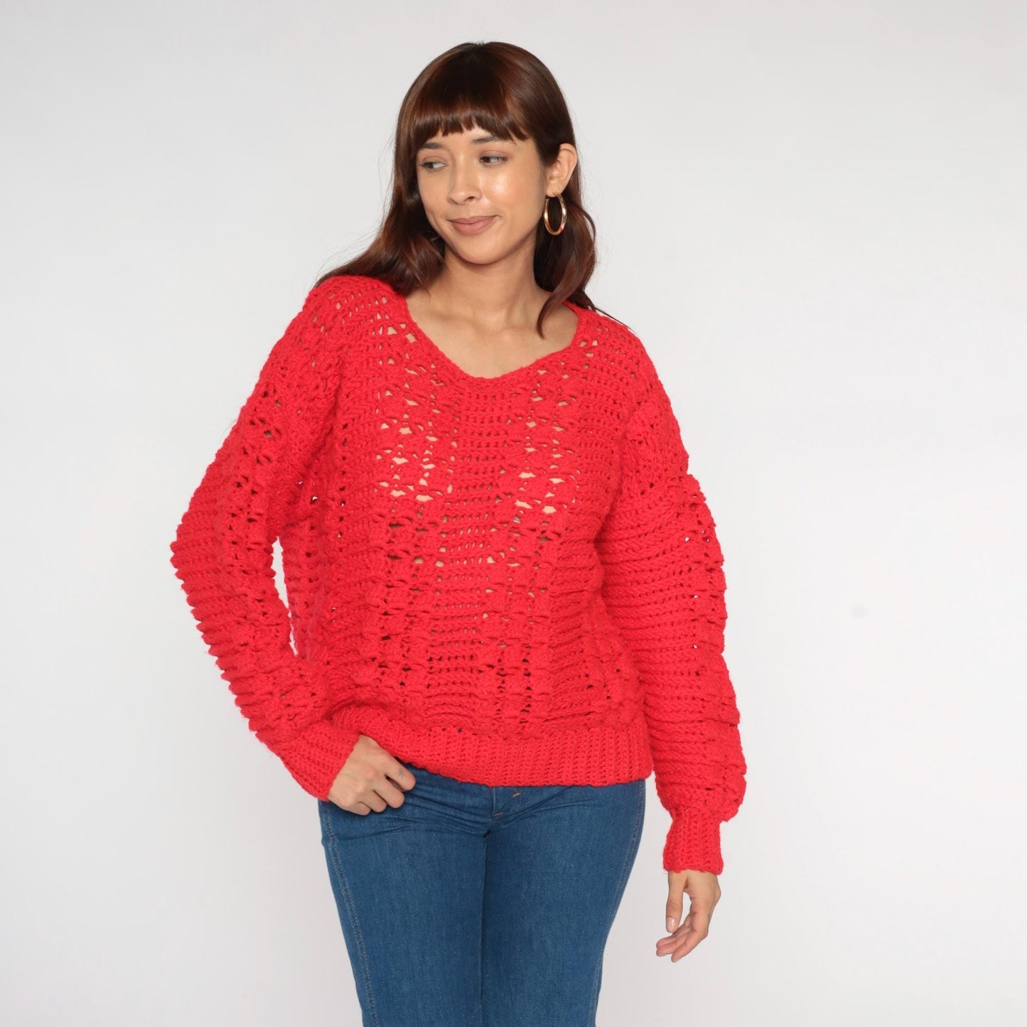 80s Red Crochet Open Weave Sweater Scoop Neck Long Sleeve Large L