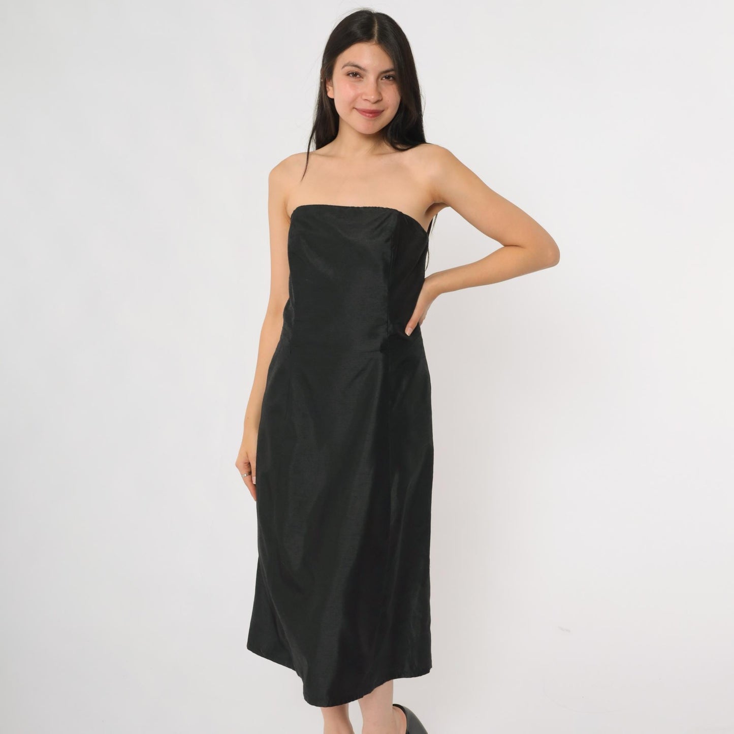 90s ABS Evening Black Strapless Cocktail Dress Midi Small S